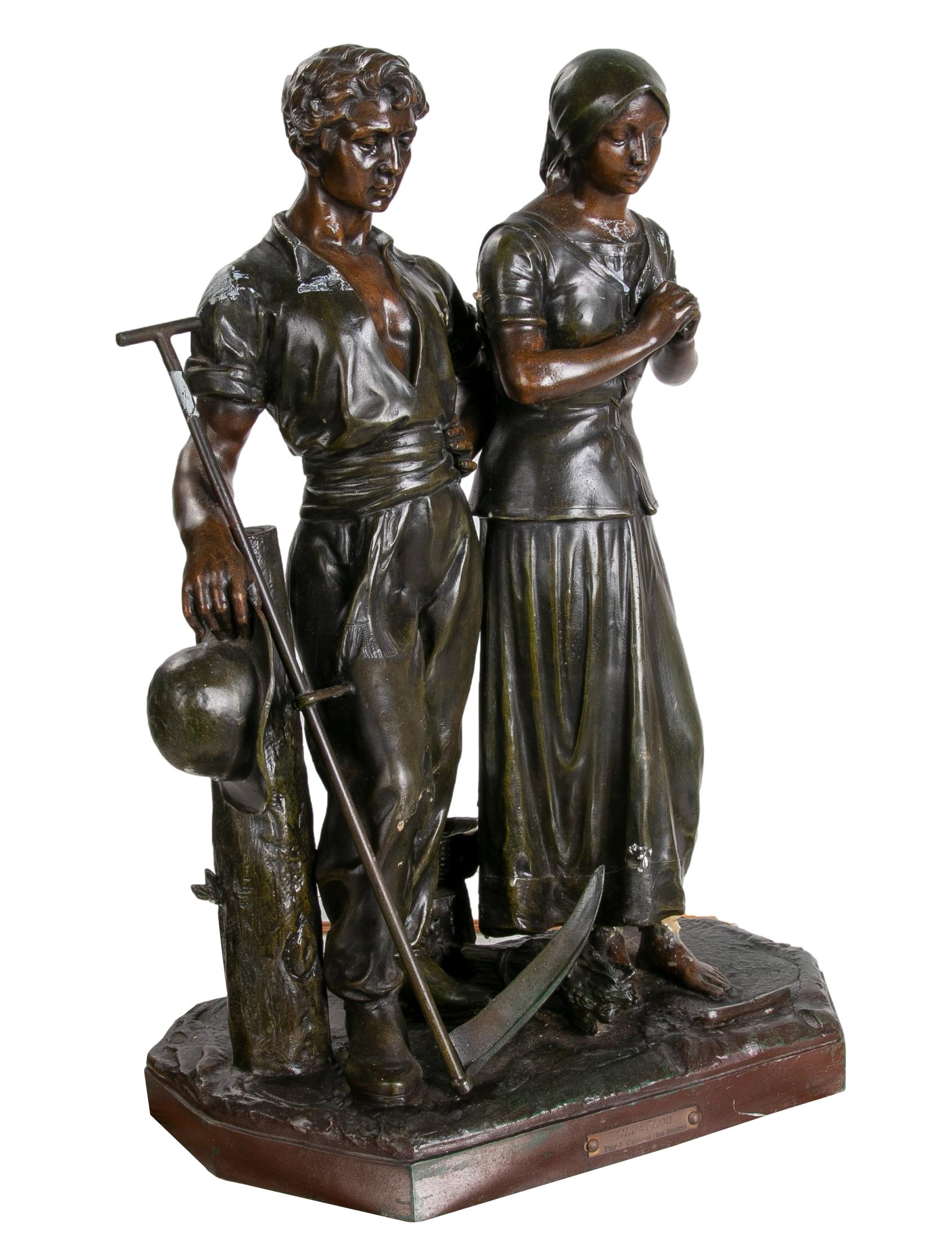 Julien Caussé, ca 1890 Bronze Figure Sculpture of a Farming Couple In Good Condition For Sale In Marbella, ES