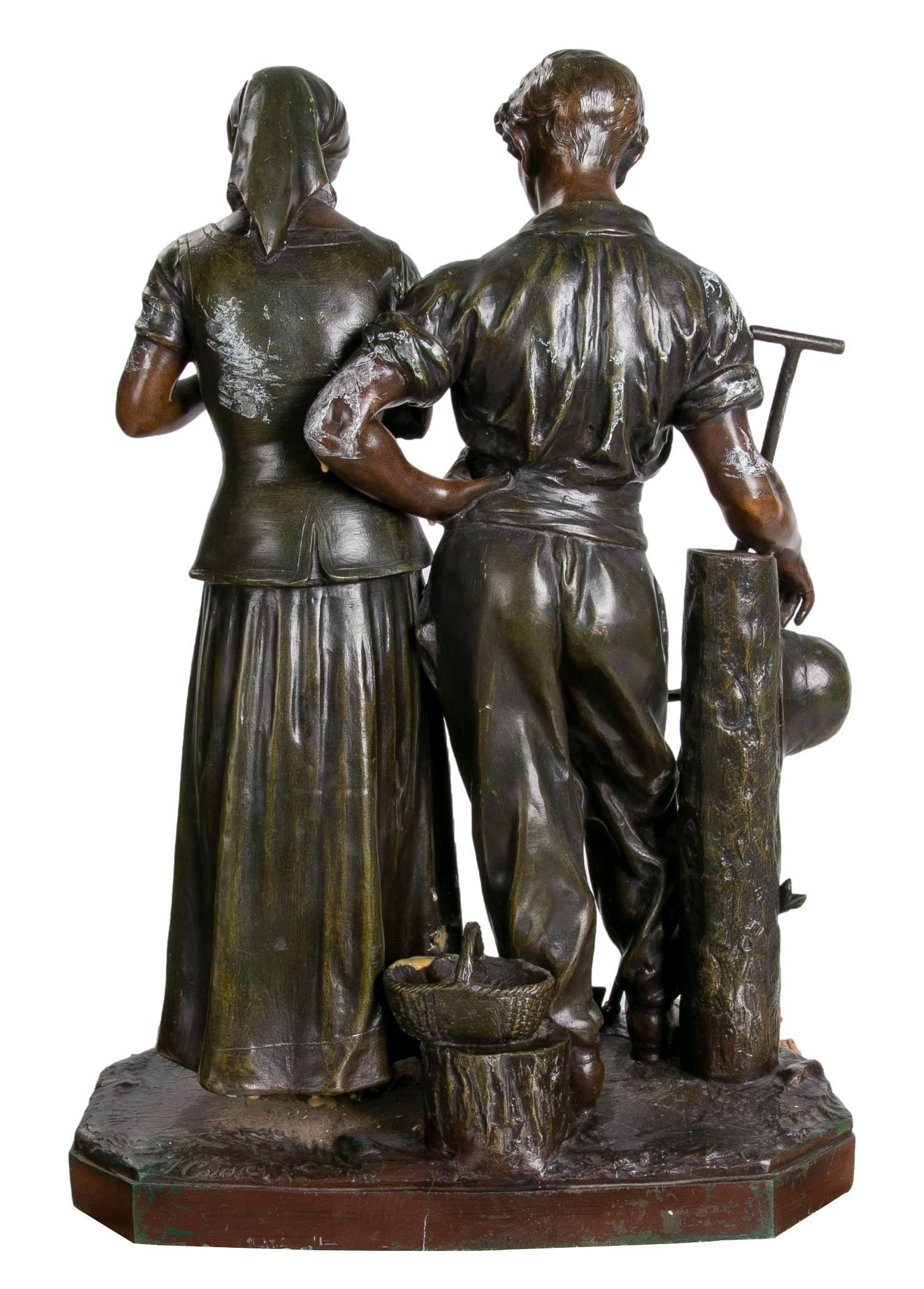 19th Century Julien Caussé, ca 1890 Bronze Figure Sculpture of a Farming Couple For Sale