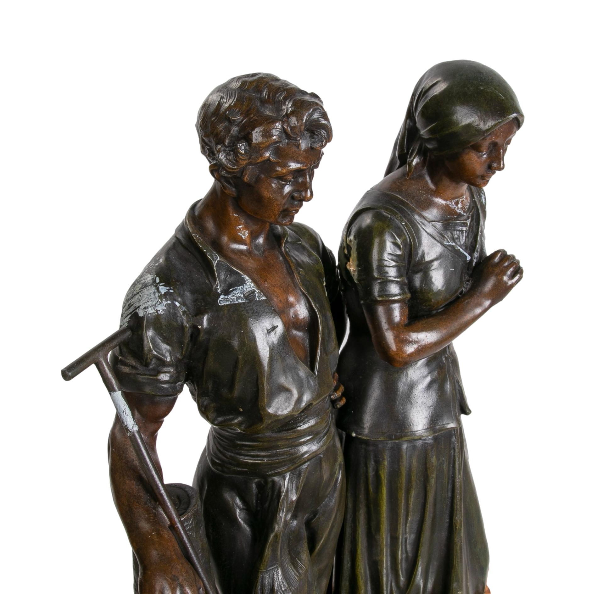 Julien Caussé, ca 1890 Bronze Figure Sculpture of a Farming Couple For Sale 1