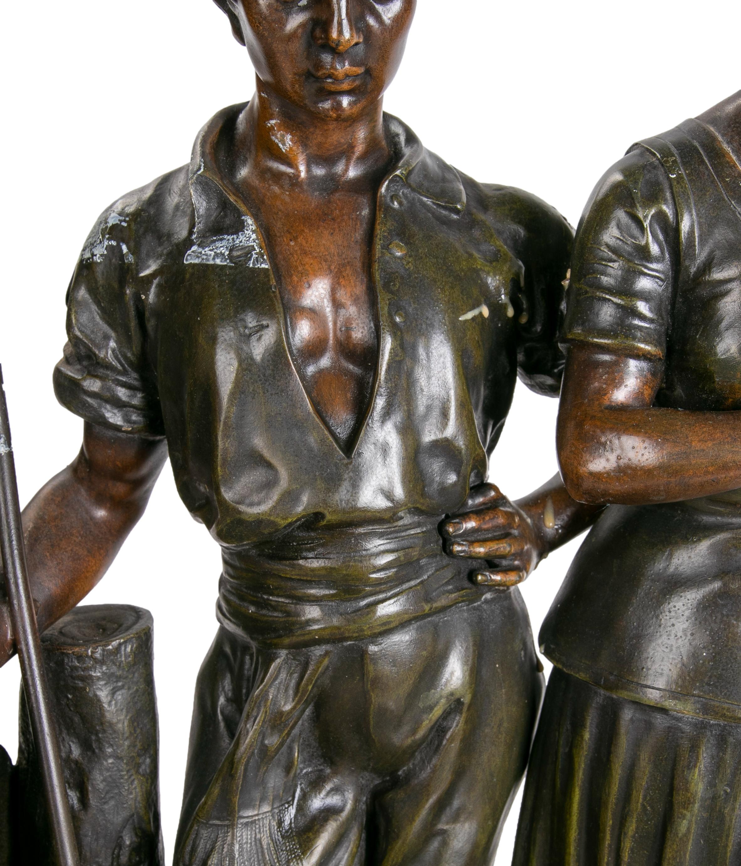 Julien Caussé, ca 1890 Bronze Figure Sculpture of a Farming Couple For Sale 3