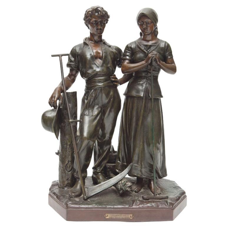 Julien Caussé, ca 1890 Bronze Figure Sculpture of a Farming Couple