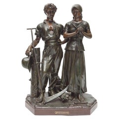 Julien Caussé, ca 1890 Bronze Figure Sculpture of a Farming Couple
