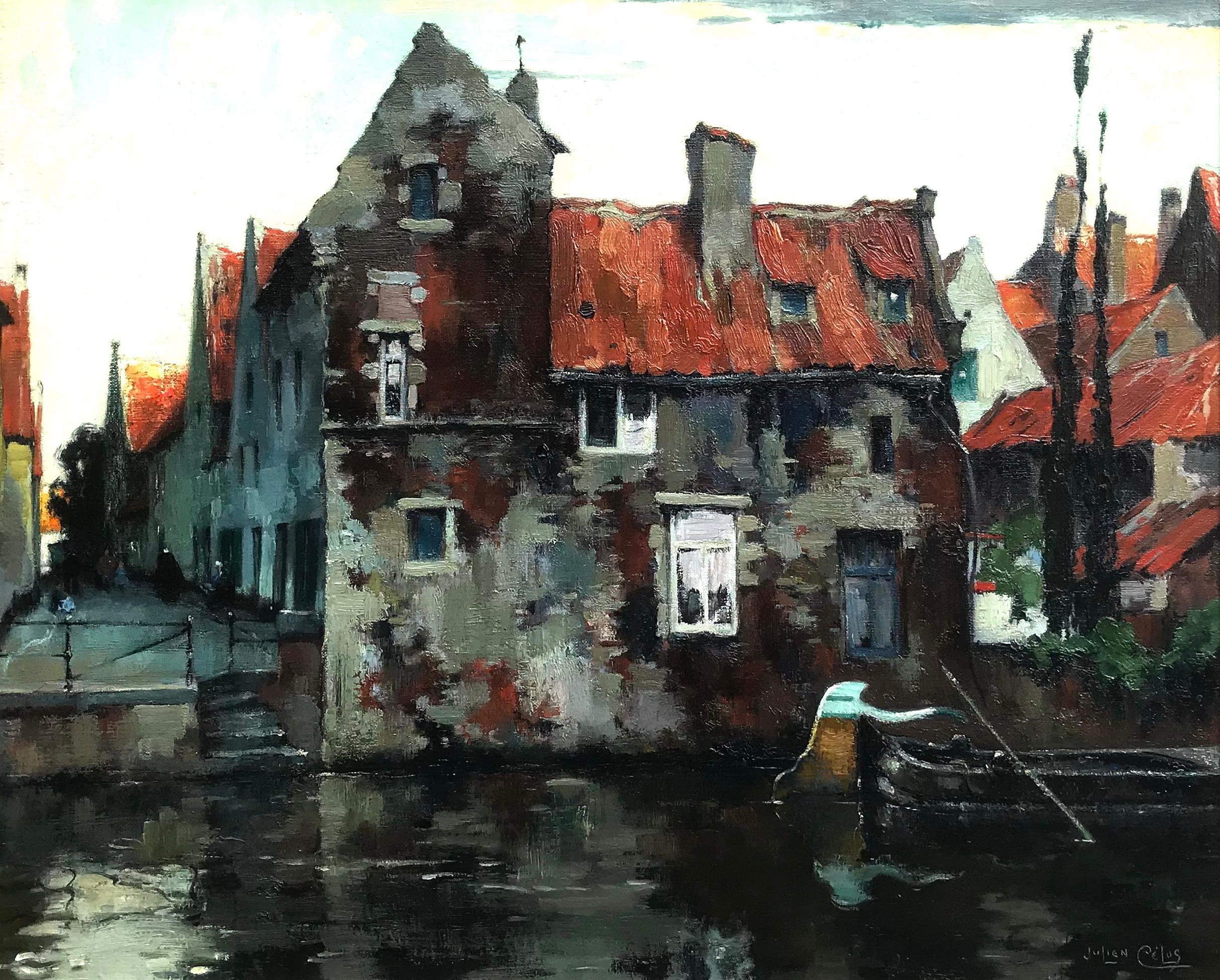 Scena del canale di Bruges, Pittura olio su tela - Painting di Julien Celos