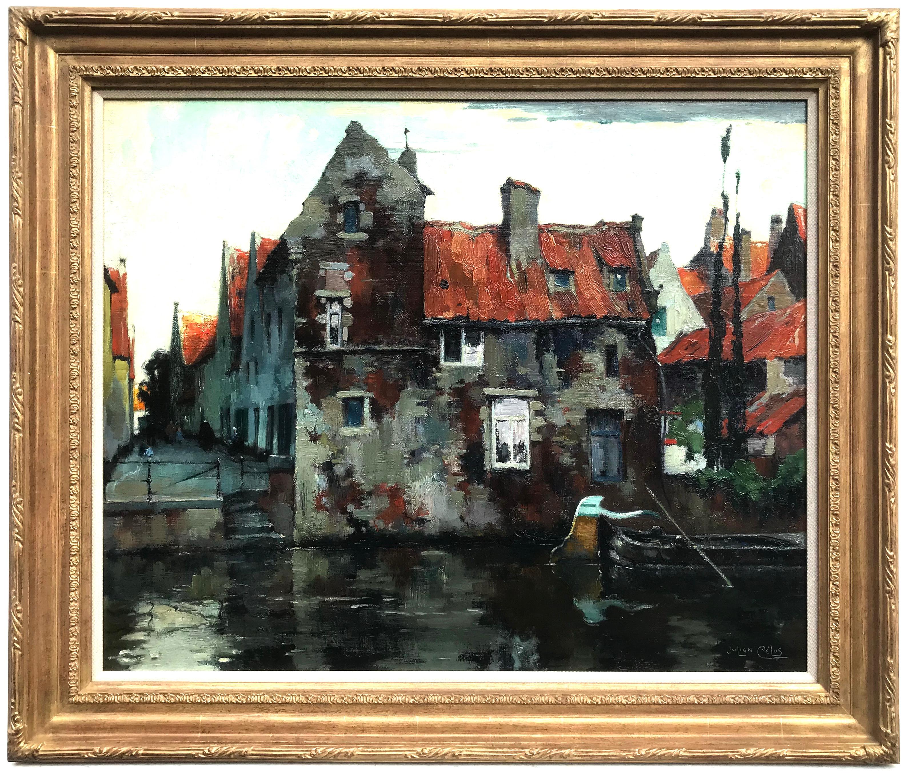 Julien Celos Landscape Painting - Bruges Canal Scene, Oil on Canvas Painting