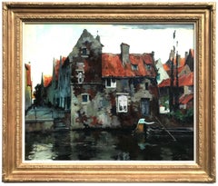 Peinture à l'huile sur toile - Scène du canal de Bruges