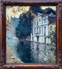 Julien Celos, Anvers 1884 - 1953, peintre belge, "Vue de Bruges sur le canal".