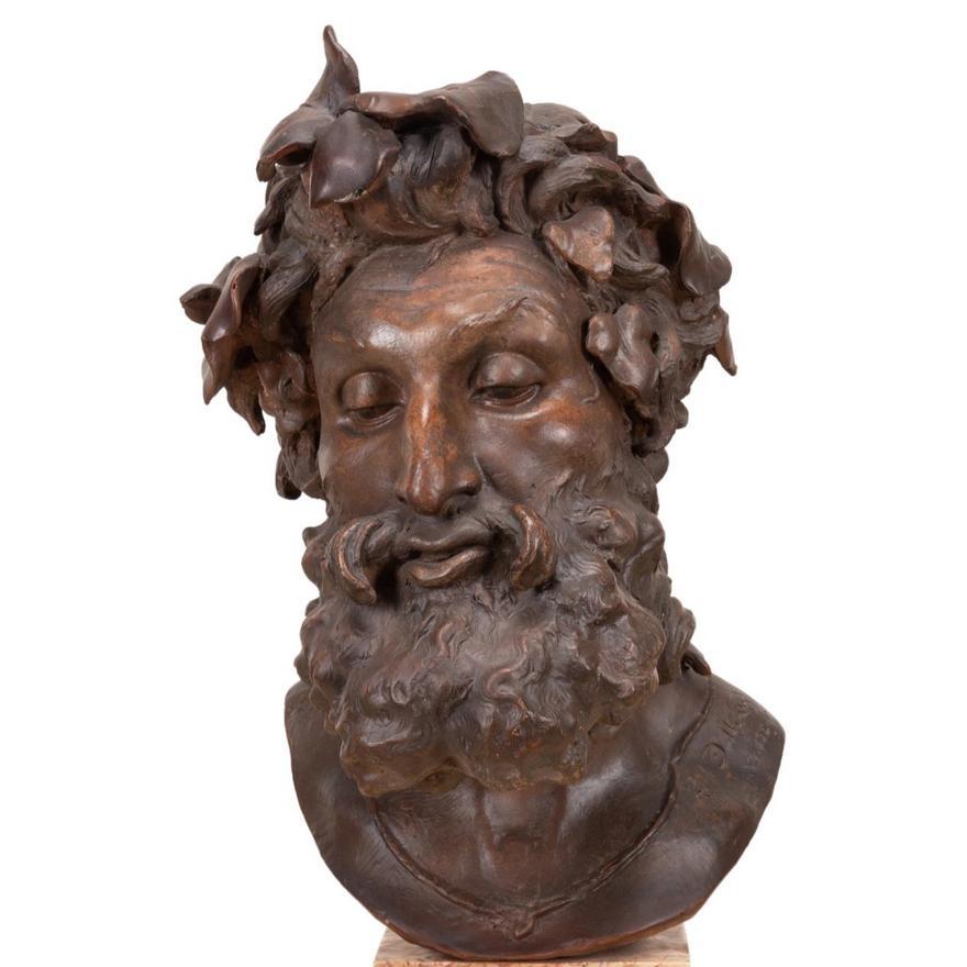 French Julien Dillens, Terracotta Bust Of 'Bacchus, 1881. For Sale