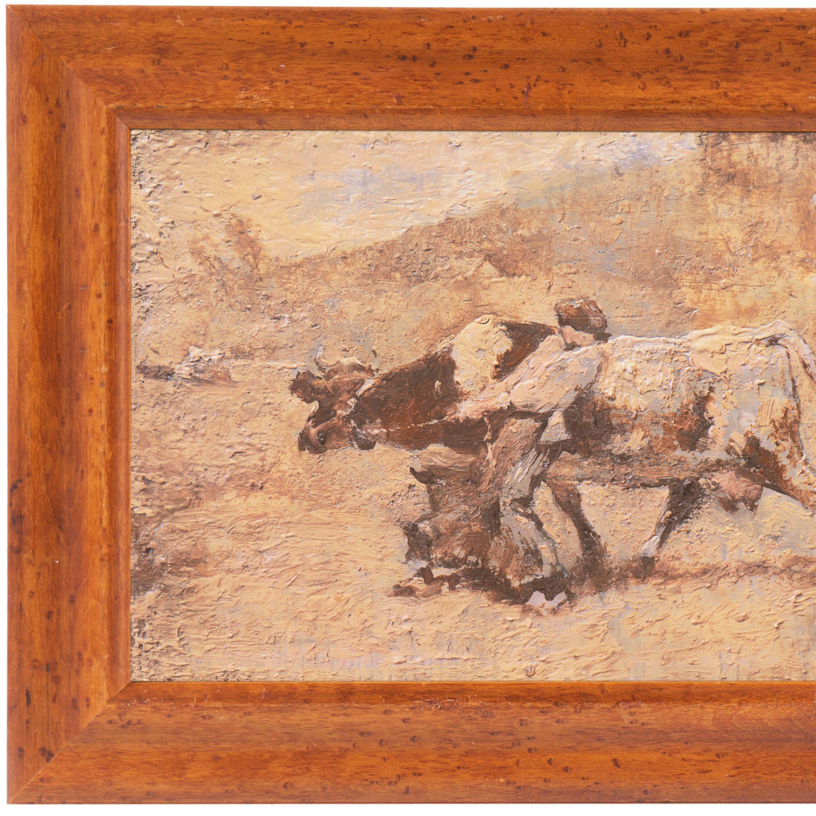A cabinet-size, grisaille oil on panel landscape showing a young Bretonne cowherd attempting to direct a reluctant Guernsey cow, which appears determined on a different direction. 
Unsigned and with label verso bearing artist's name and