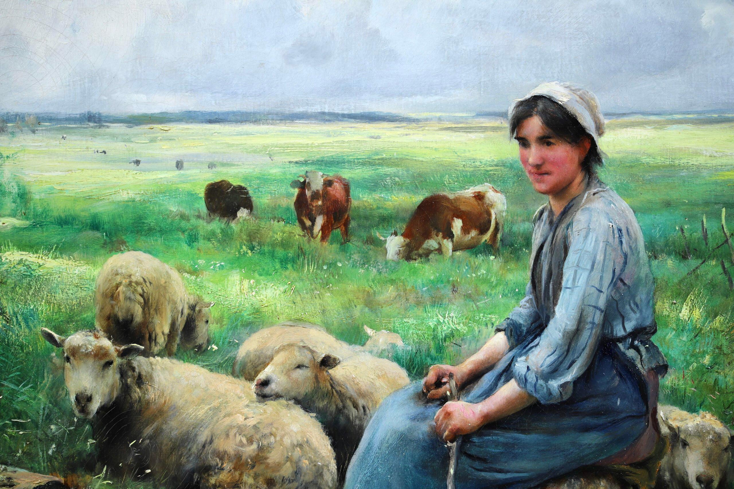Gardeuse de Moutons - Impressionist Figure in Landscape Oil by Julien Dupre For Sale 9