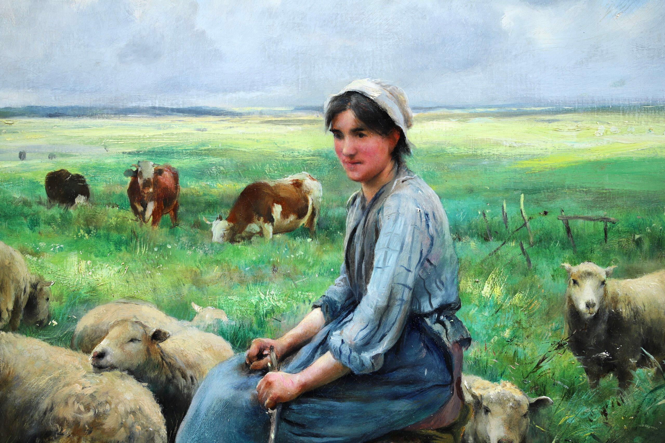 Gardeuse de Moutons – Impressionistische Figur in Landschaft, Öl von Julien Dupre im Angebot 10