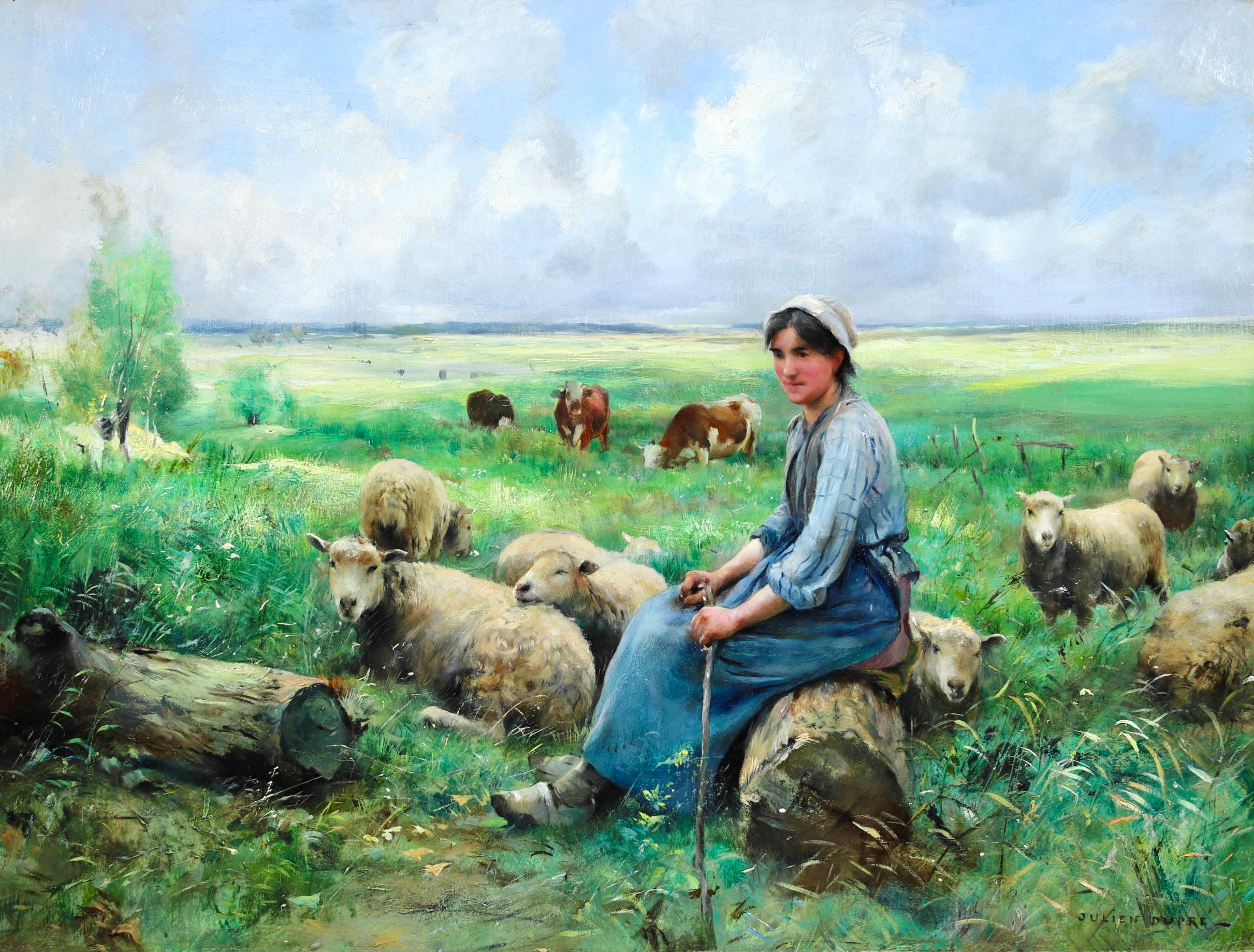 Gardeuse de Moutons - Impressionist Figure in Landscape Oil by Julien Dupre For Sale 1