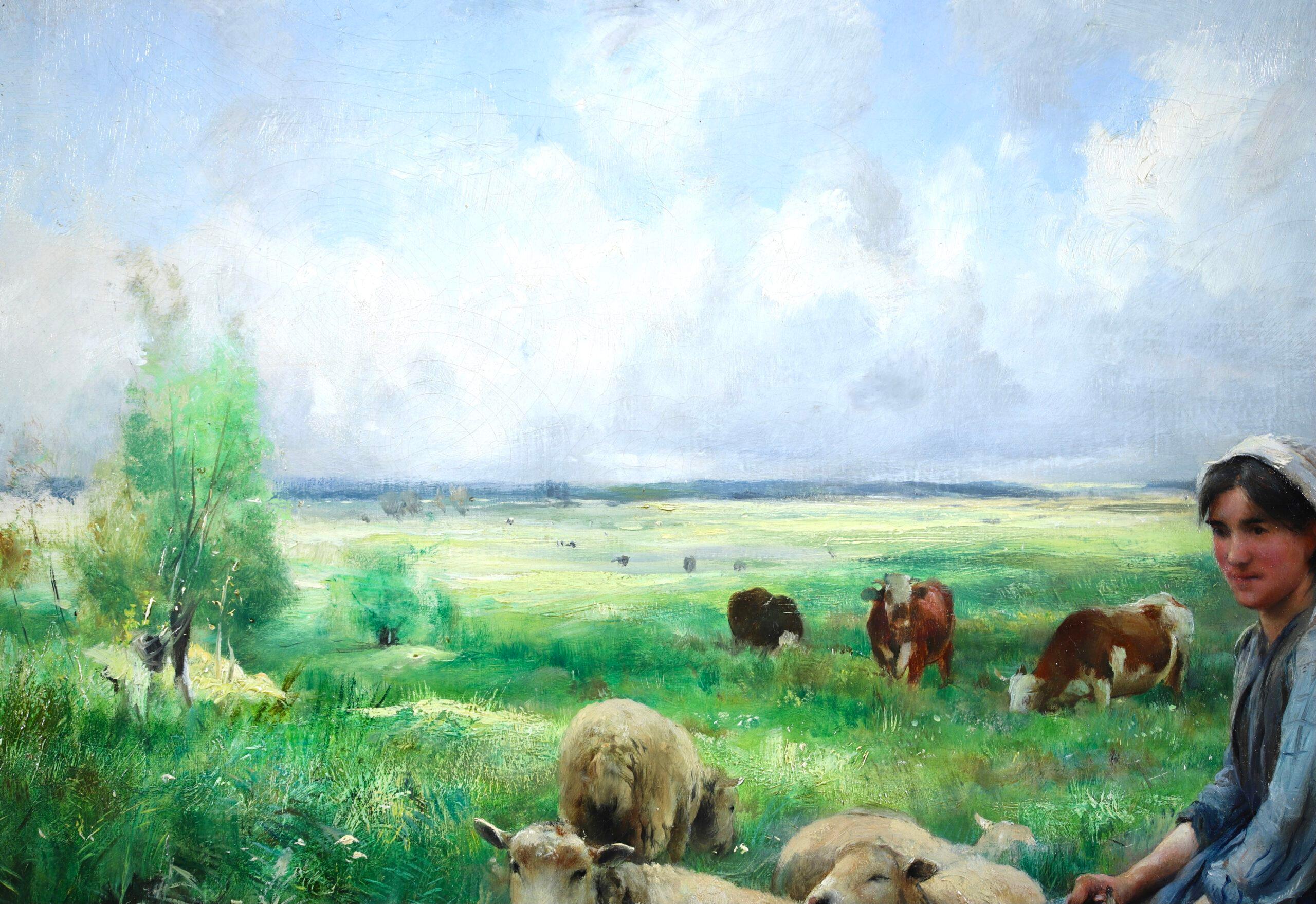Huile sur toile impressionniste signée représentant un personnage et des animaux dans un paysage par le peintre français Julien Dupre. L'œuvre représente une bergère se reposant sur un rondin tandis que ses moutons paissent dans la prairie