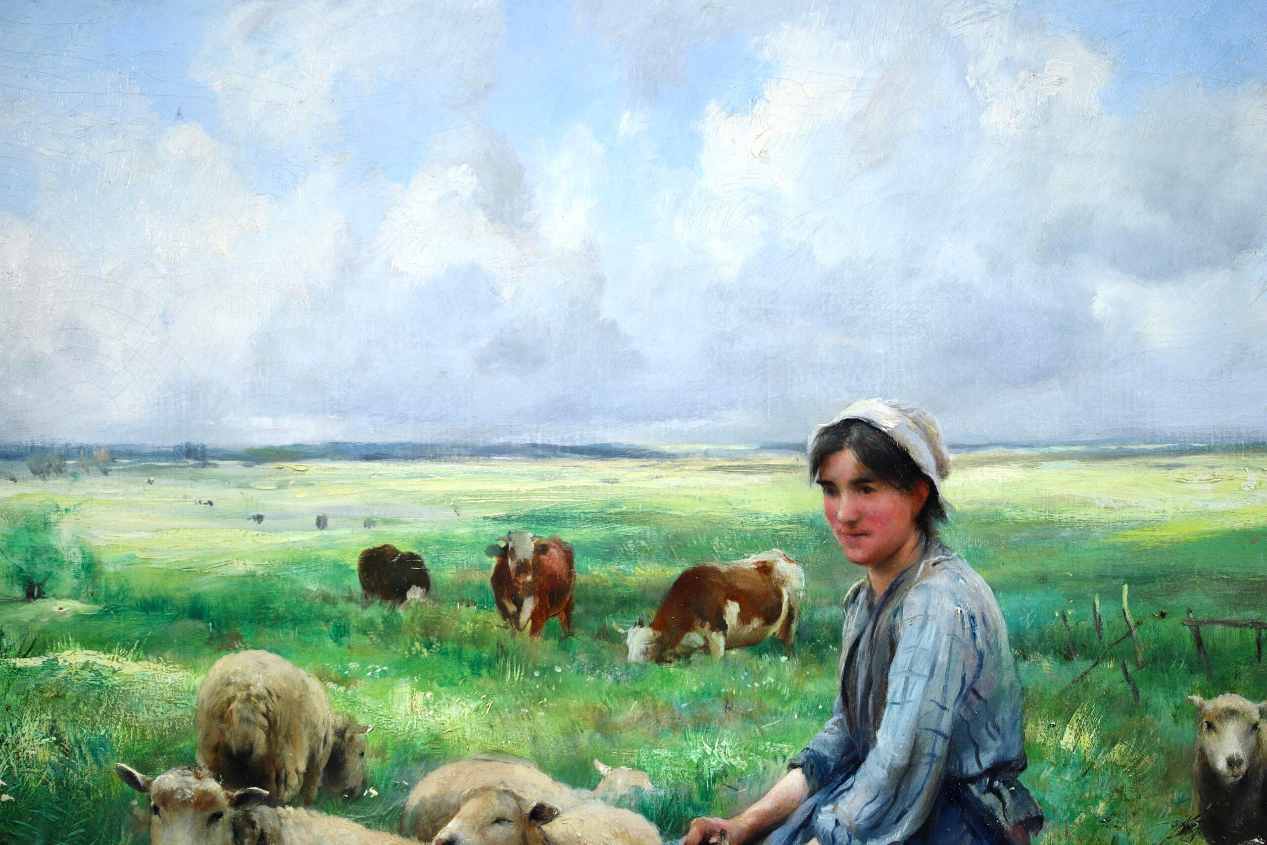 Gardeuse de Moutons – Impressionistische Figur in Landschaft, Öl von Julien Dupre im Angebot 3