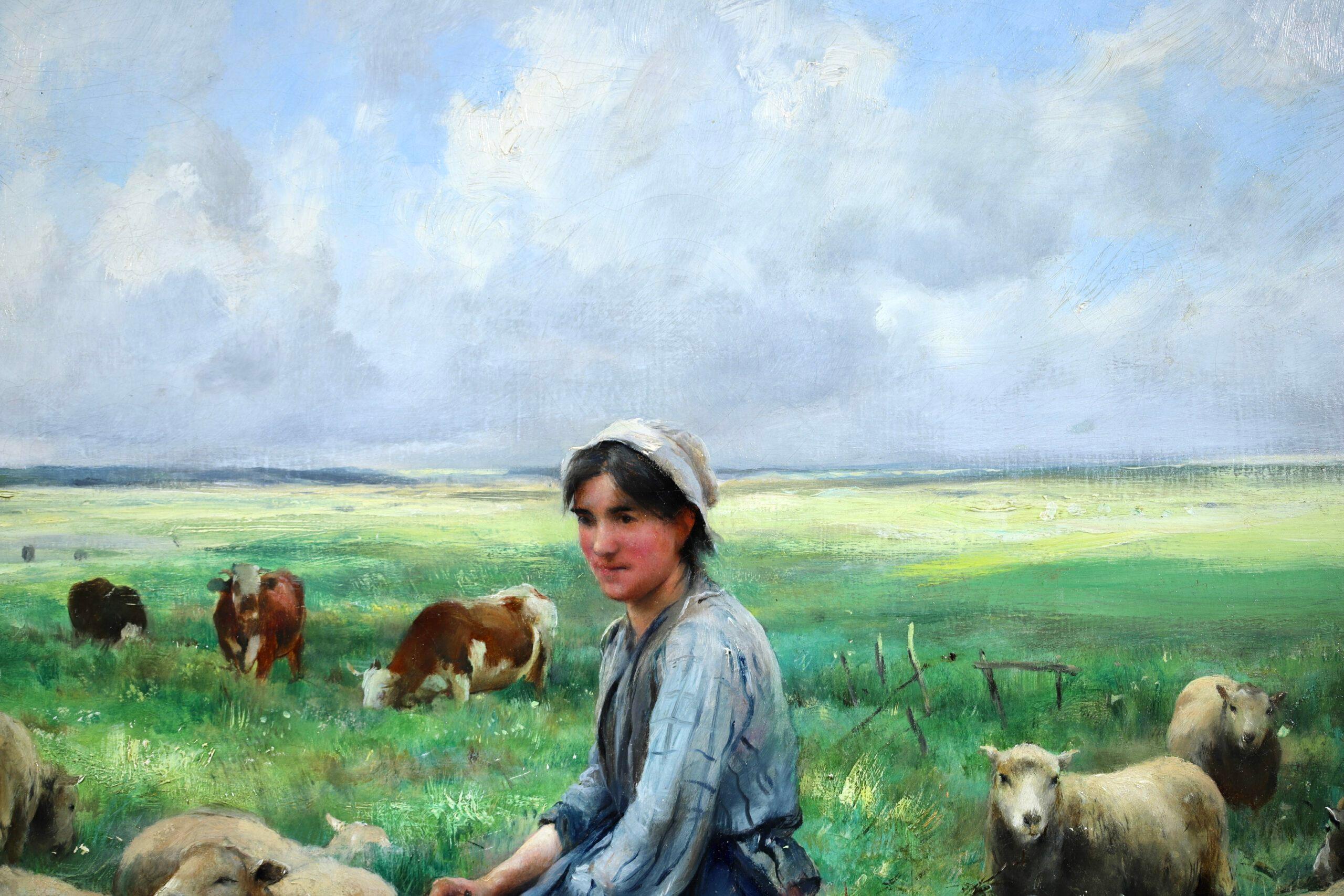 Gardeuse de Moutons - Figure impressionniste dans un paysage Huile de Julien Dupre en vente 2