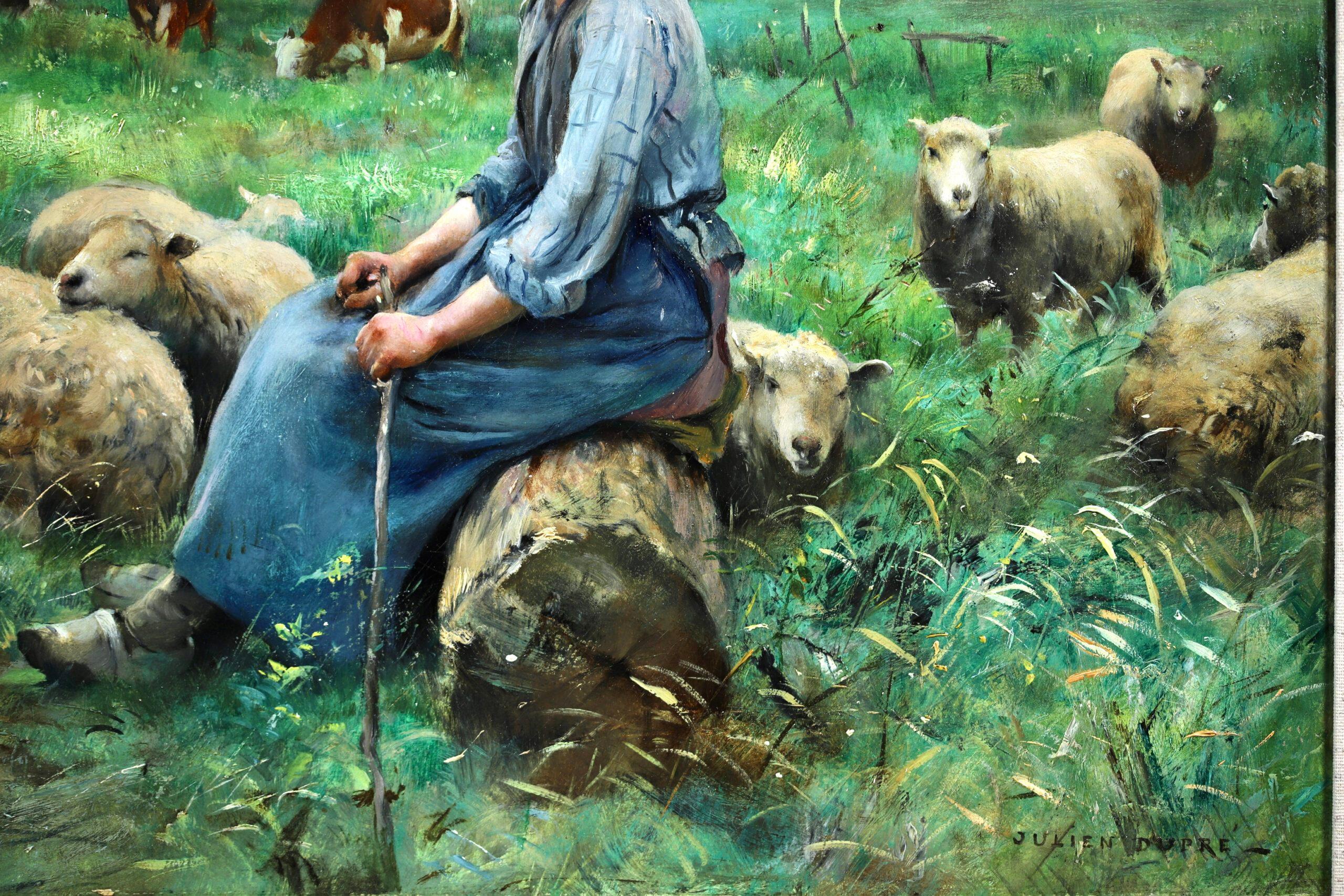 Gardeuse de Moutons - Figure impressionniste dans un paysage Huile de Julien Dupre en vente 4