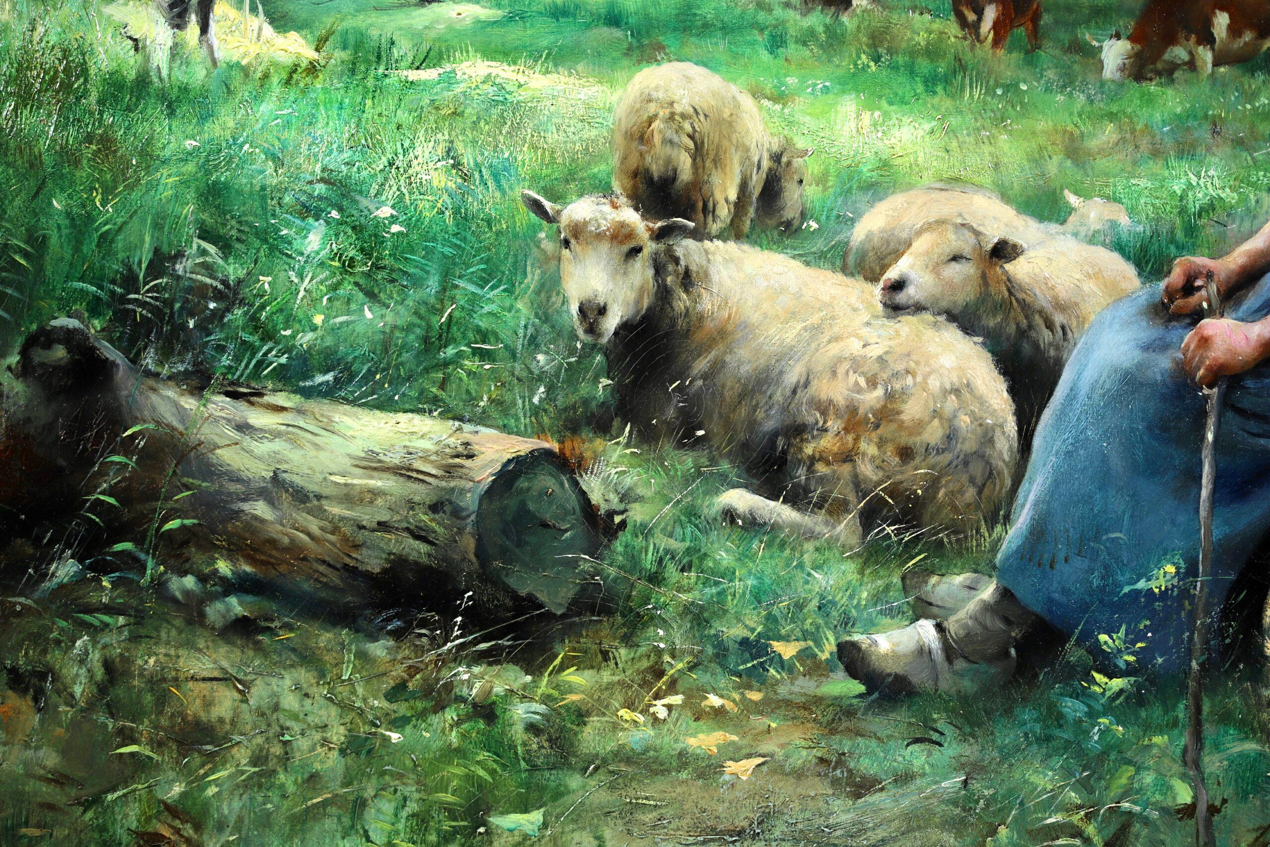 Gardeuse de Moutons - Figure impressionniste dans un paysage Huile de Julien Dupre en vente 5