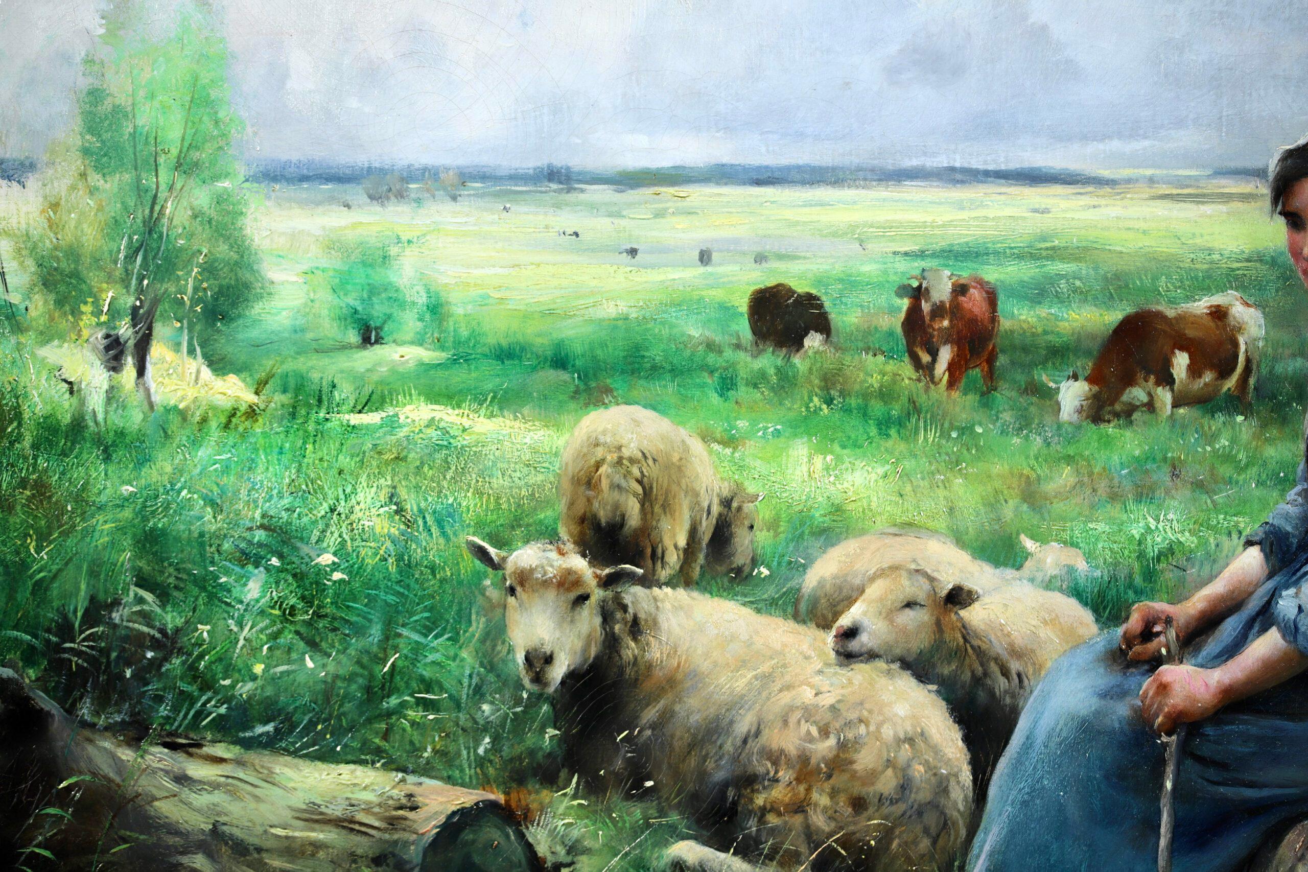 Gardeuse de Moutons - Figure impressionniste dans un paysage Huile de Julien Dupre en vente 6