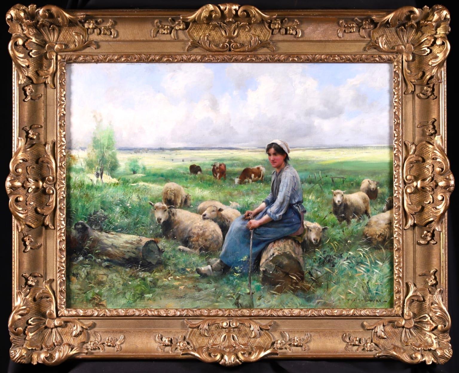 Shepherdess - French Realist Oil, Figure with Sheep in Landscape by Julien Dupre