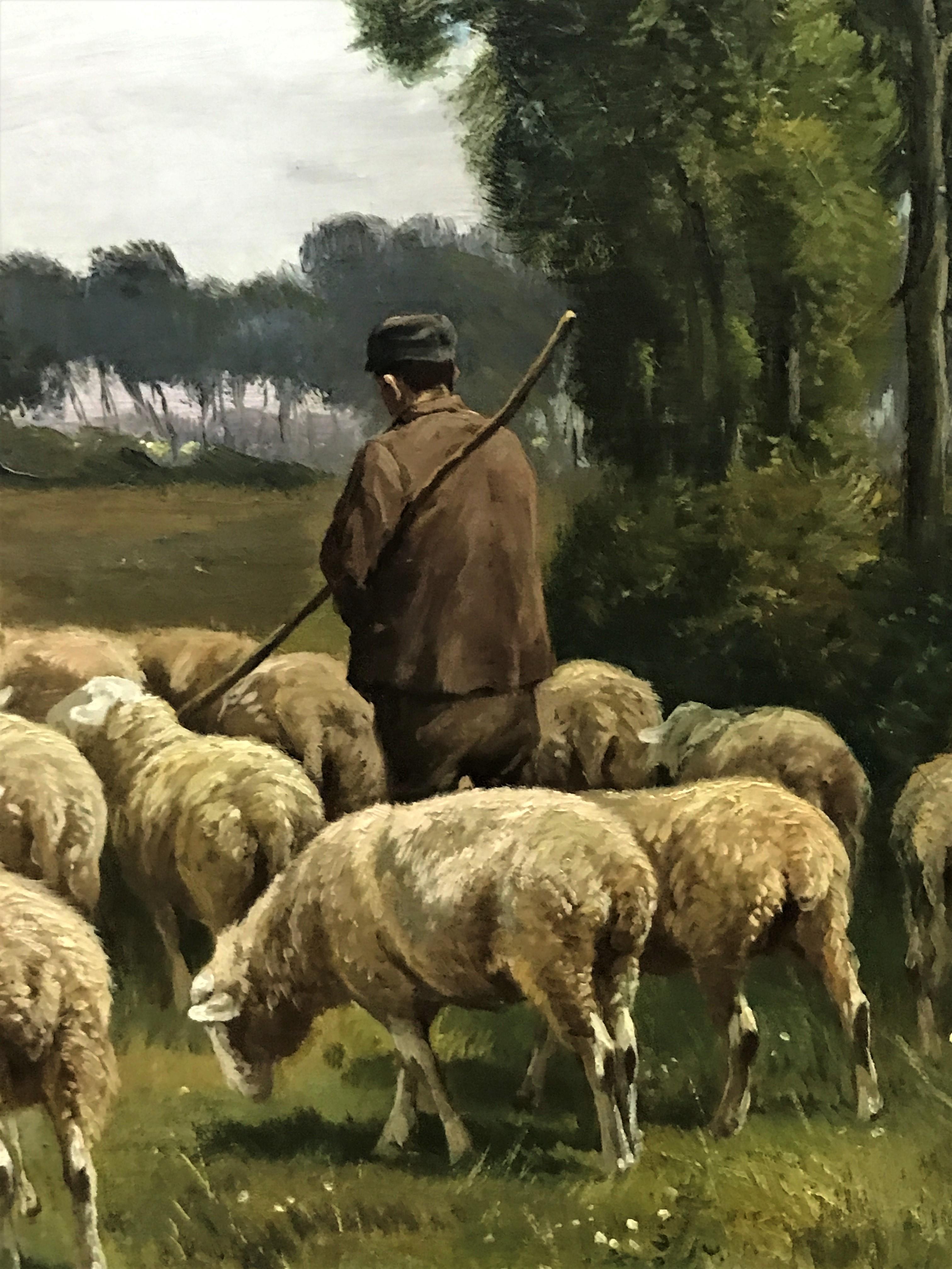 Shepherd and his Flock, original 19thC oil on canvas, Belgian realist genre - Painting by Julien Jos