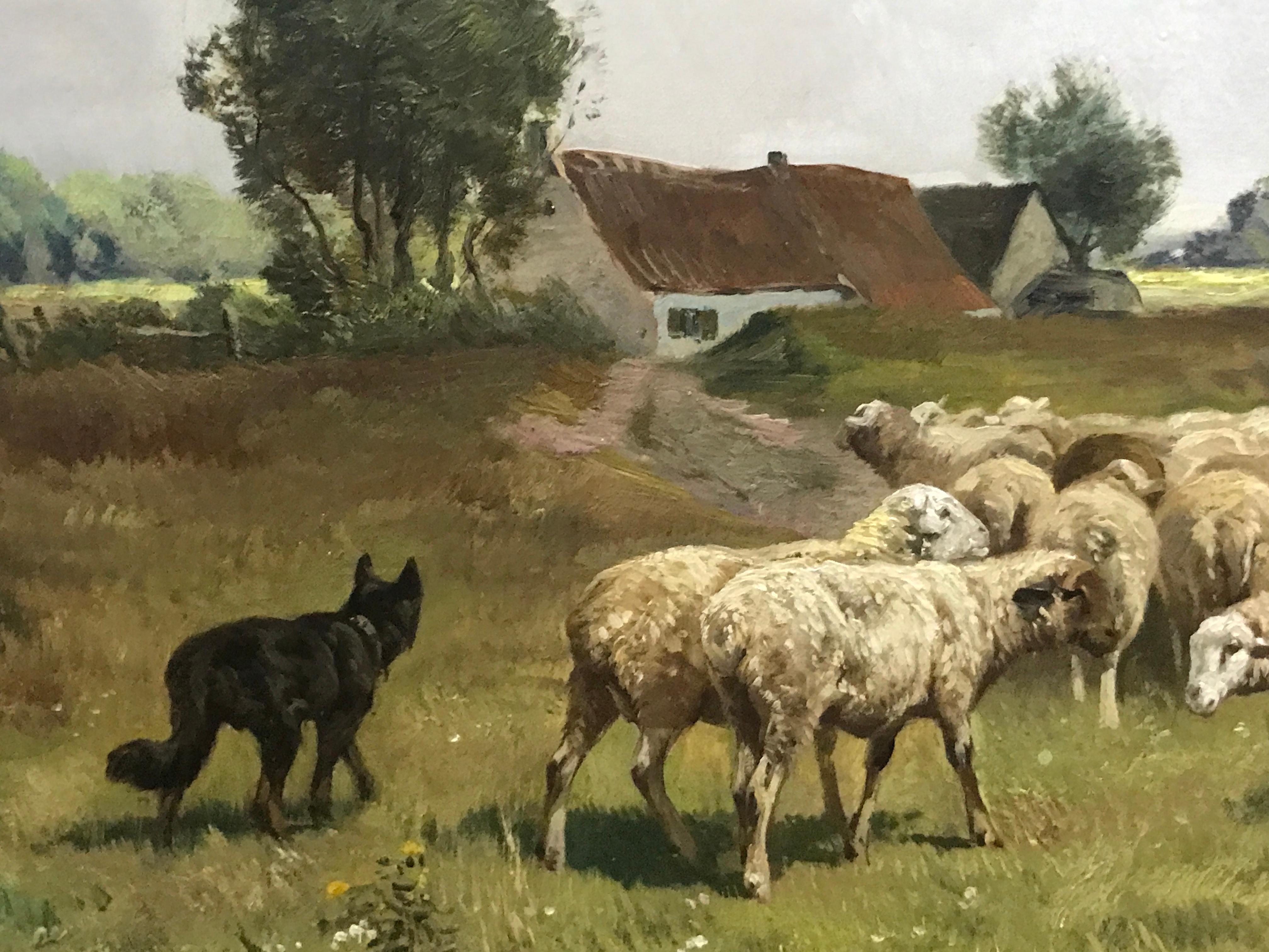 pherd and his Flock, huile sur toile originale du 19e siècle, genre réaliste belge - Réalisme Painting par Julien Jos