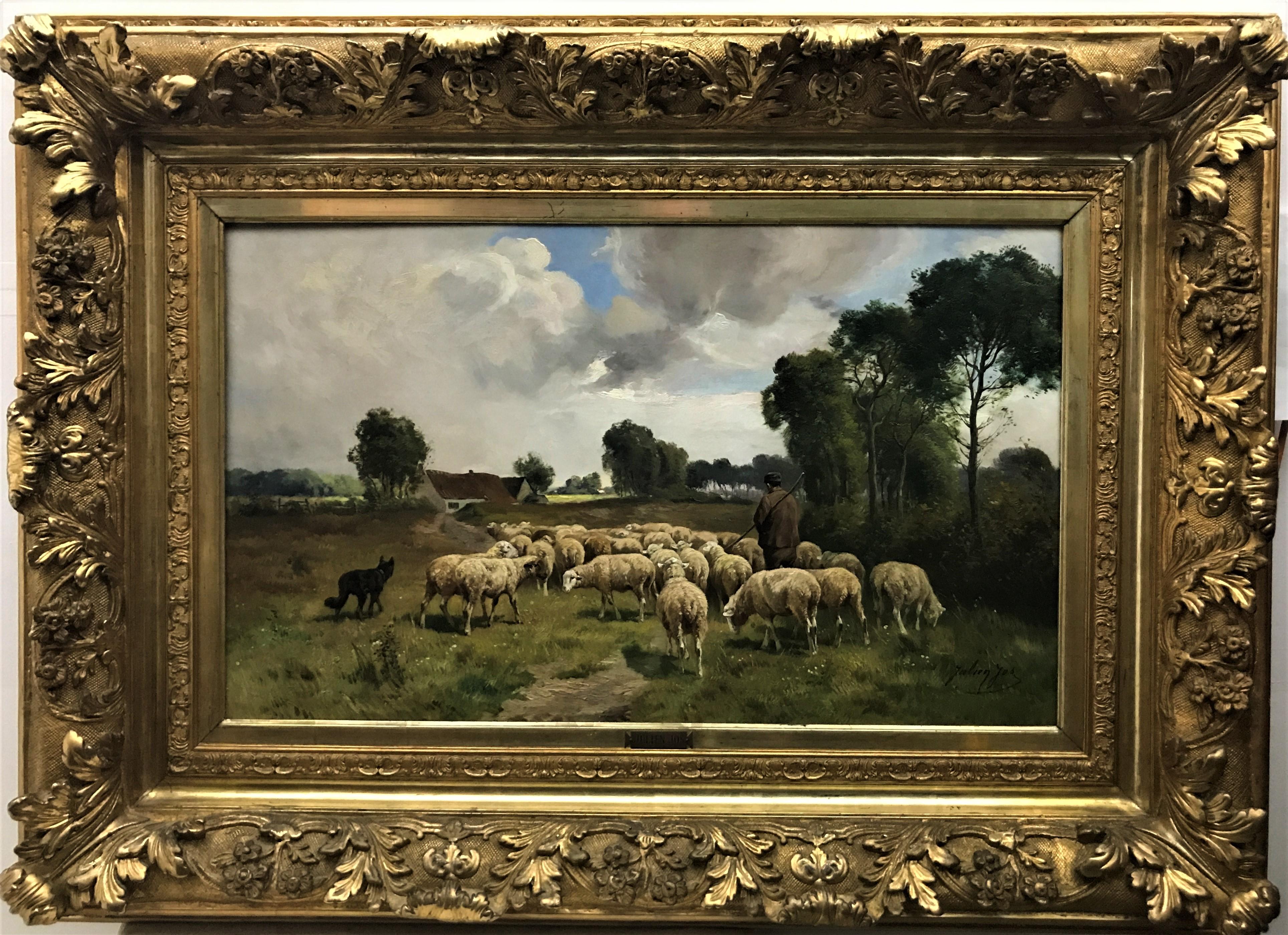 Shepherd and his Flock, original 19thC oil on canvas, Belgian realist genre - Black Animal Painting by Julien Jos
