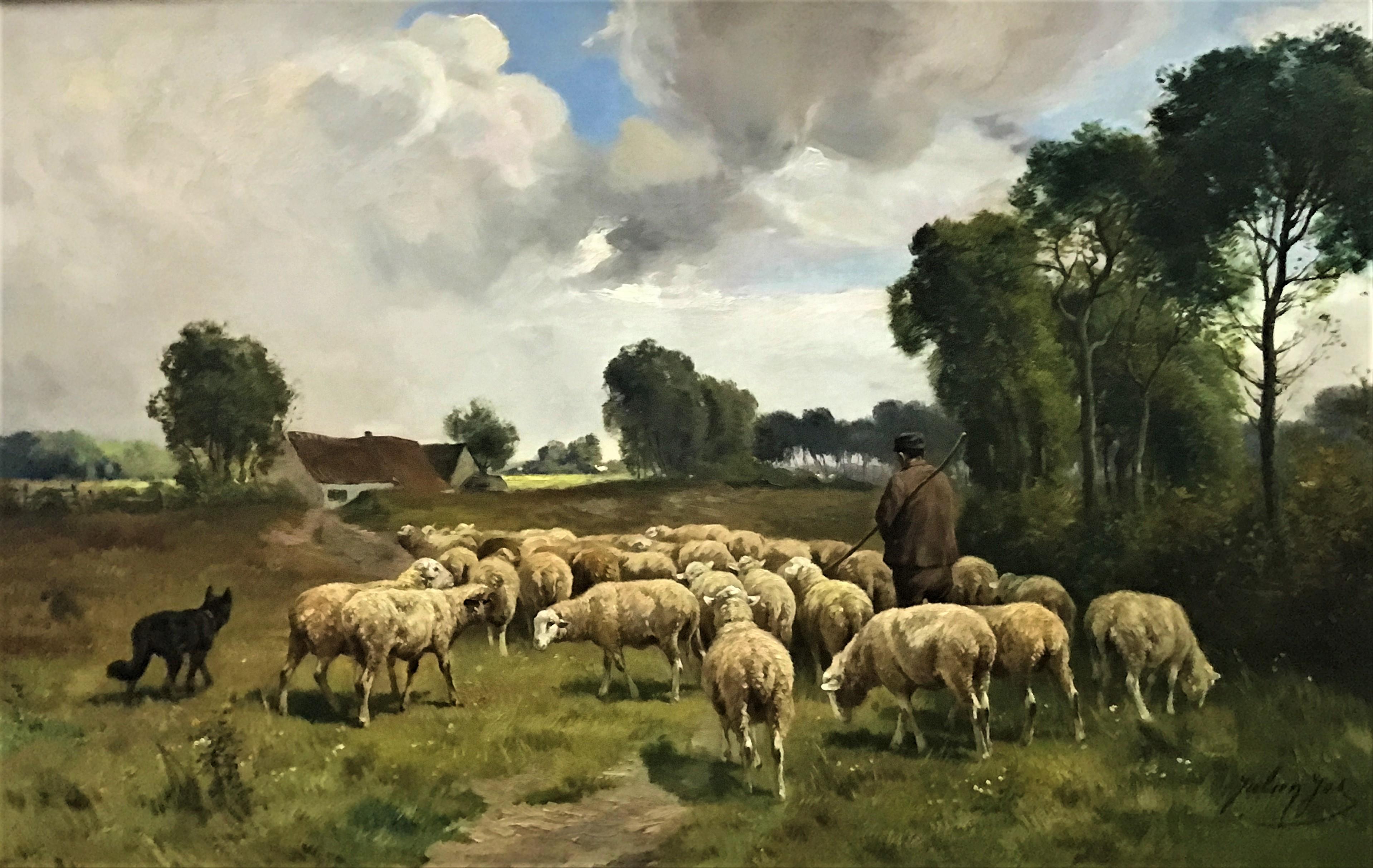 Julien Jos Animal Painting - Shepherd and his Flock, original 19thC oil on canvas, Belgian realist genre