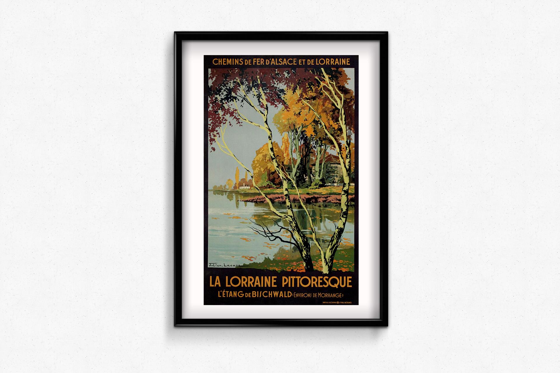 1920 original poster Julien Lacaze La Lorraine pittoresque L'Étang de Bischwald For Sale 3