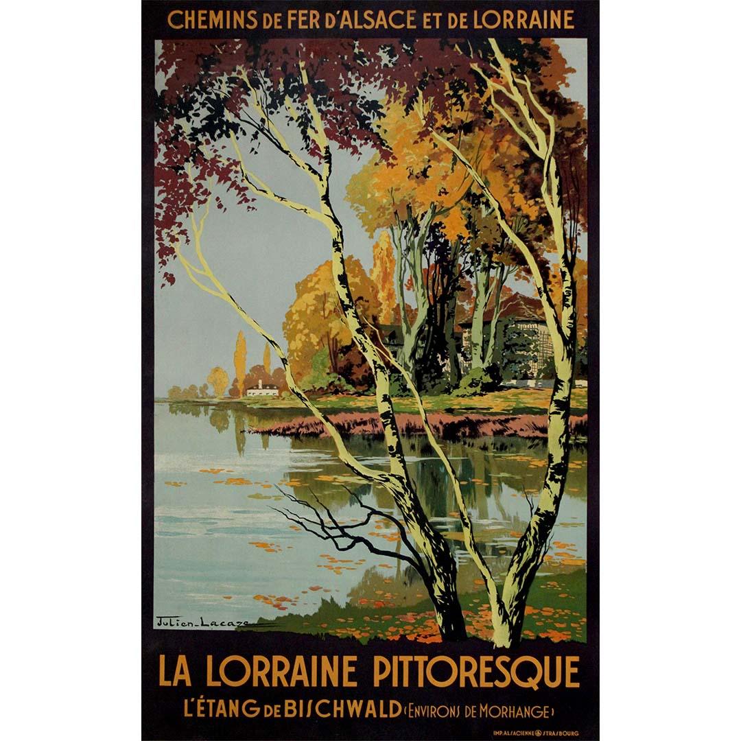 Created around 1920 by the French artist Julien Lacaze, this original travel poster was commissioned by the Chemins de fer d’Alsace et de Lorraine, the regional railway network reestablished following the return of Alsace-Lorraine to France after