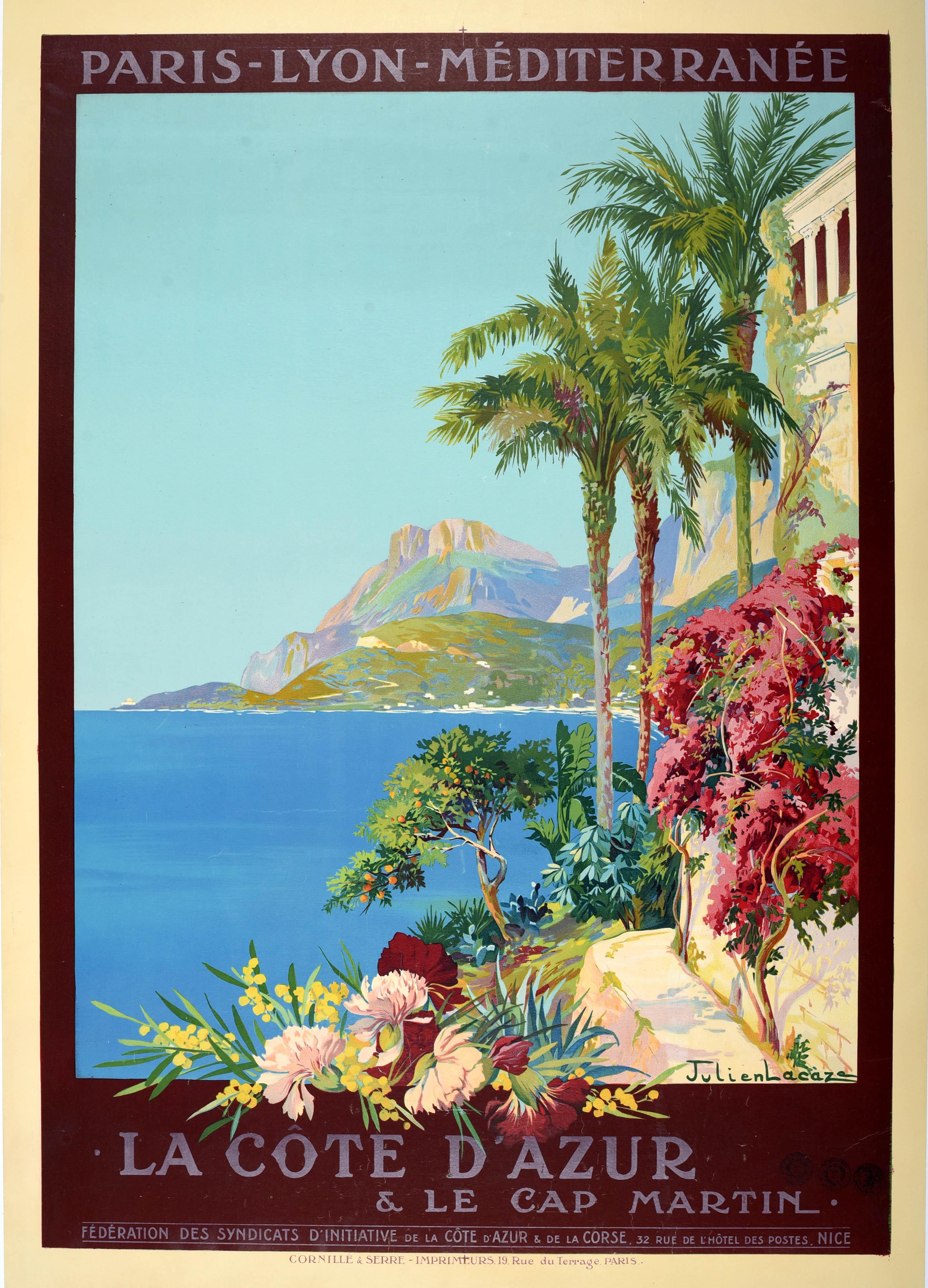Julien Lacaze Print – Original Antikes Reiseplakat Cote D'Azur Cap Martin Französische Riviera PLM Eisenbahn, Original
