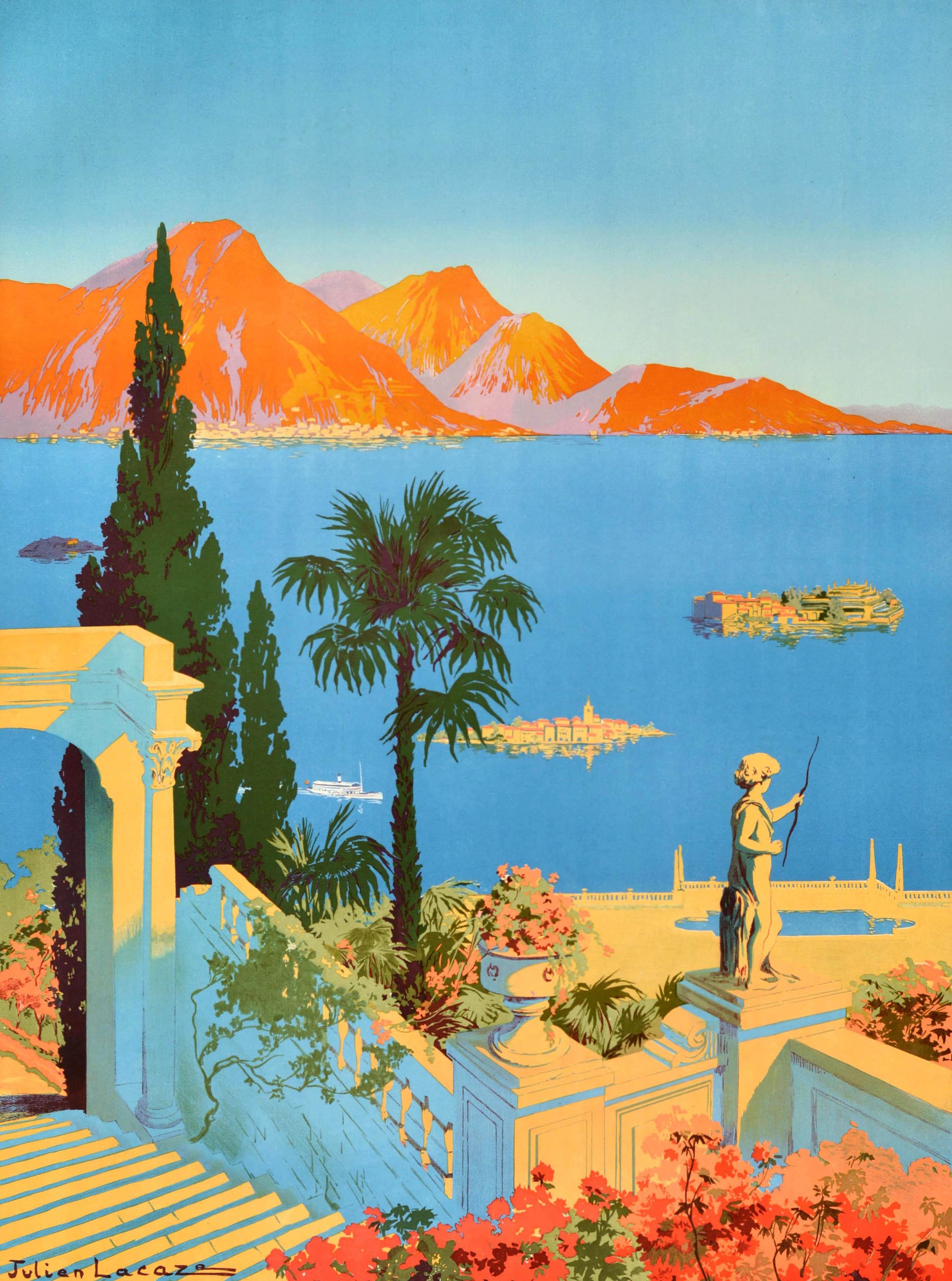 Poster di viaggio originale antico Le Lac Majeur Dijon Vallorbe Le Simplon PLM Rail - Print di Julien Lacaze