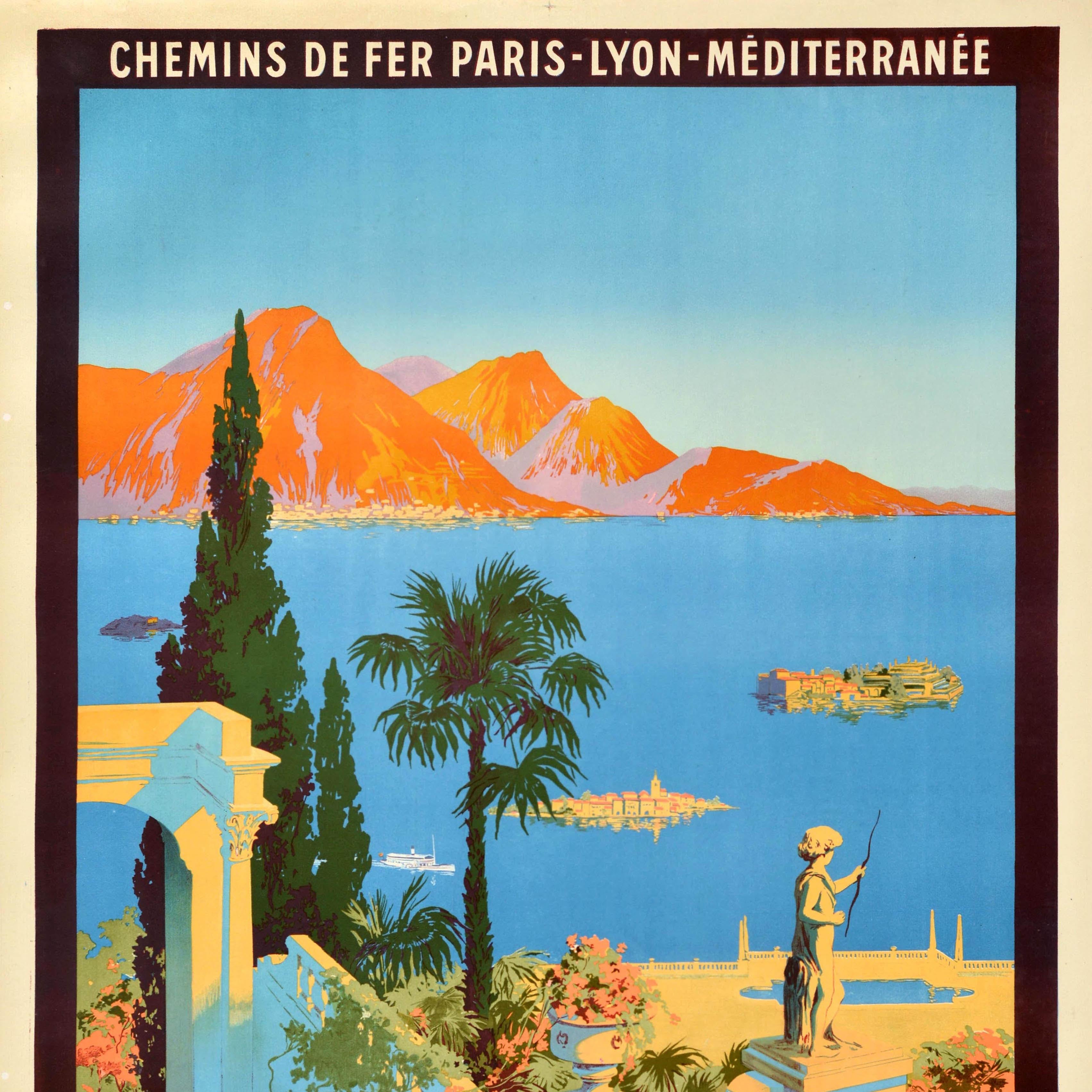Original Antikes Reiseplakat Le Lac Majeur Dijon Vallorbe Le Simplon PLM Rail, Original (Blau), Print, von Julien Lacaze