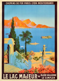 Poster di viaggio originale antico Le Lac Majeur Dijon Vallorbe Le Simplon PLM Rail