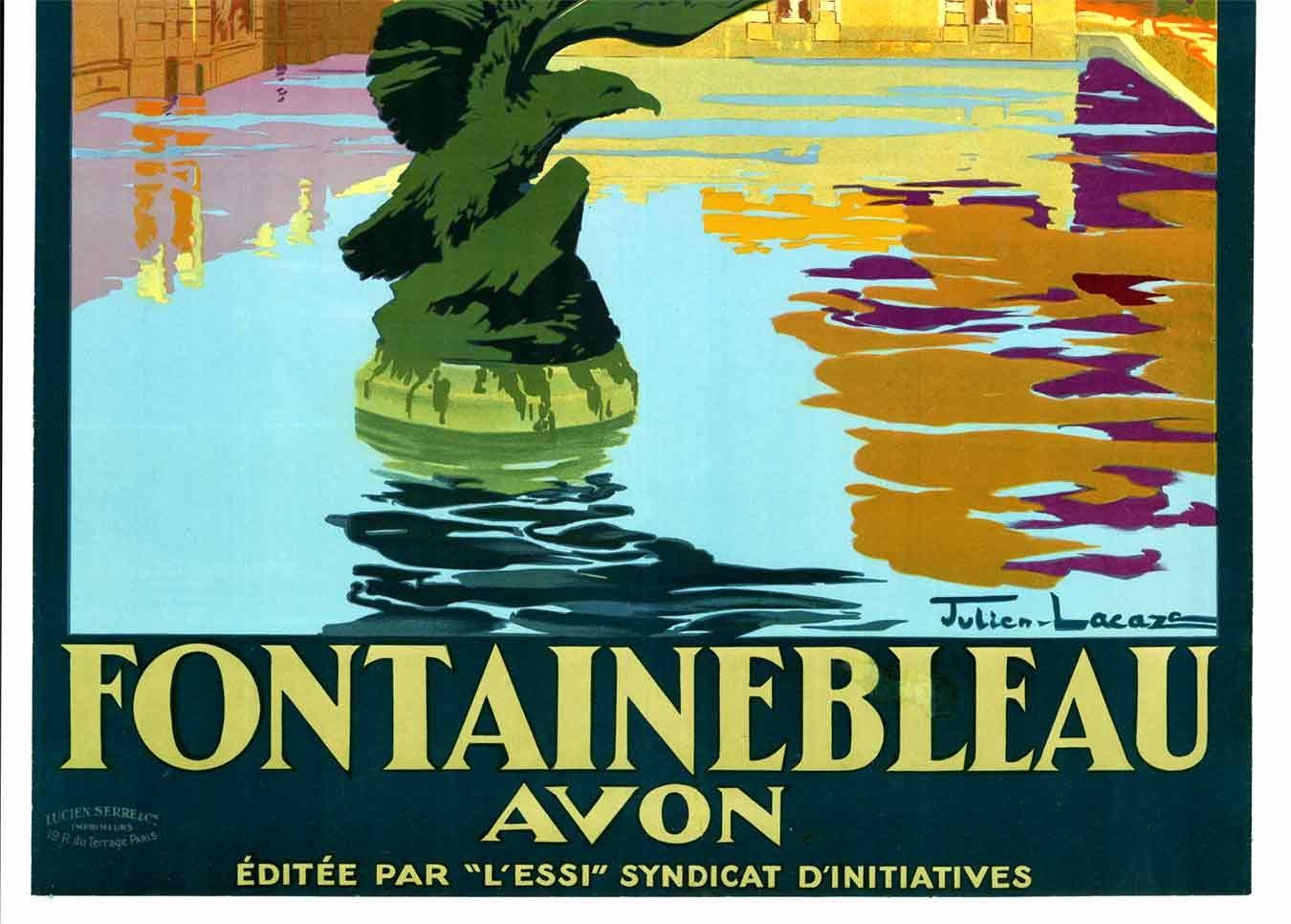 Poster di viaggio francese d'epoca originale di Fontainebleau Avon 1930 su supporto di lino - Landscape Print Verde di Julien Lacaze