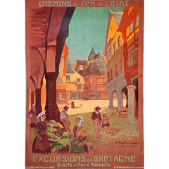 Affiche originale de Julien Lacaze pour les excursions en Bretagne Dinan - Chemin de fer