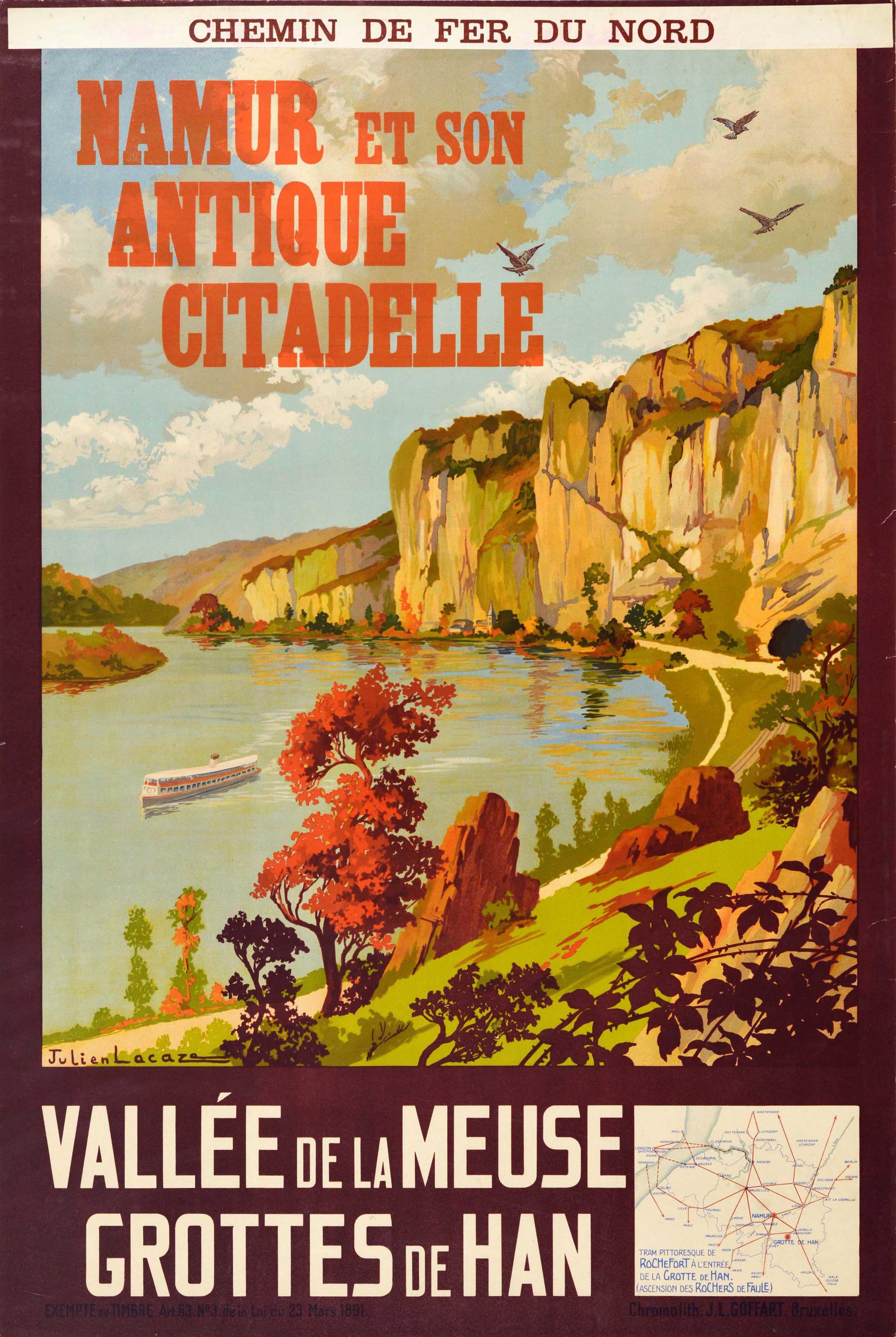 Julien Lacaze Print - Original Vintage Travel Poster Namur Citadel River Meuse Valley Caves Train Map