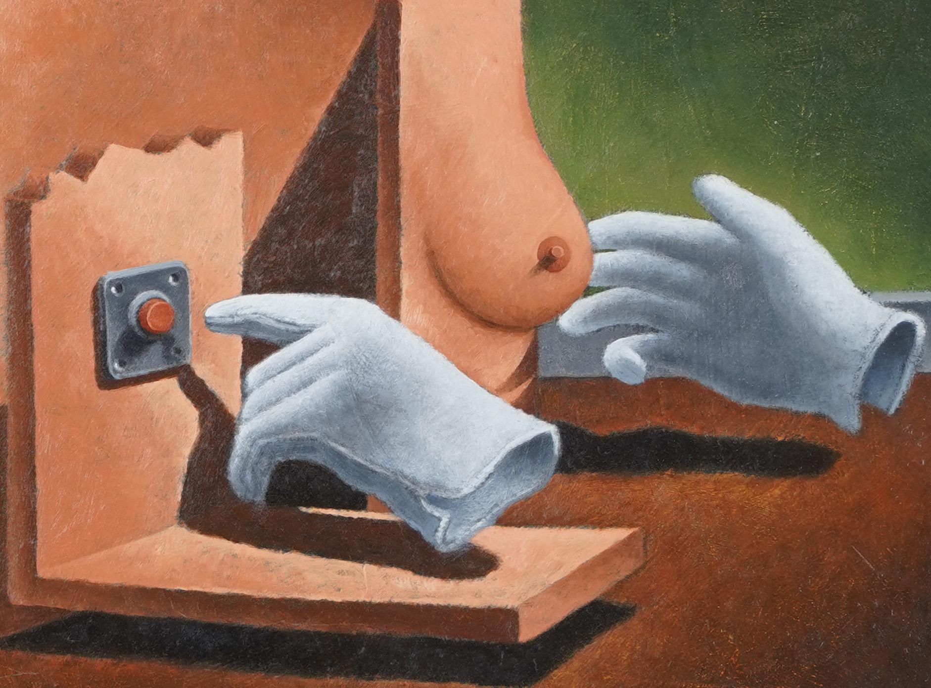 Quadro di nudo surreale vintage firmato. Olio su tavola.  Incorniciato.  Dimensioni dell'immagine, 12L x 8H.  Firmato.