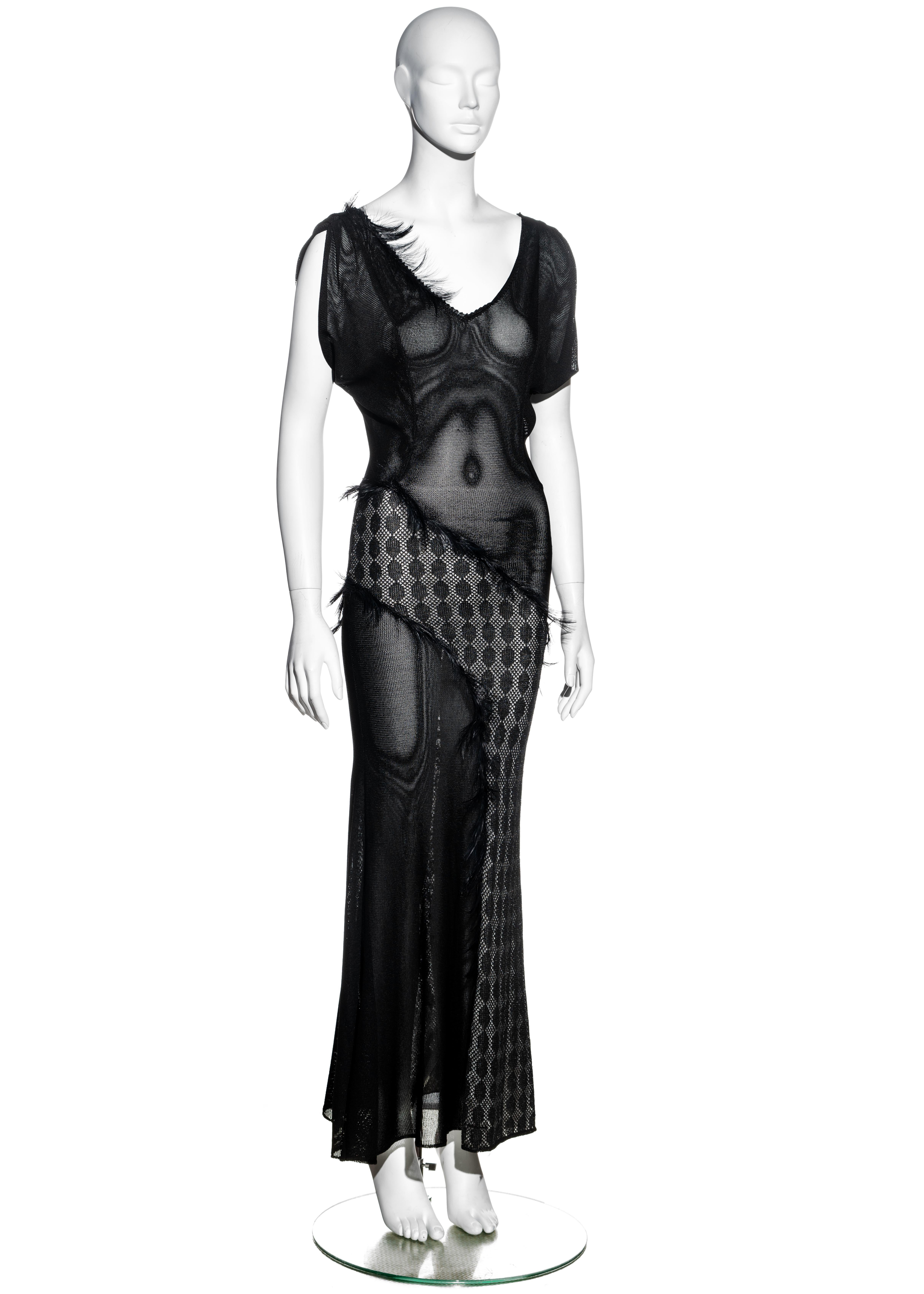 Black Julien Macdonald black acetate bias cut evening dress with feather trim, fw 1998 For Sale
