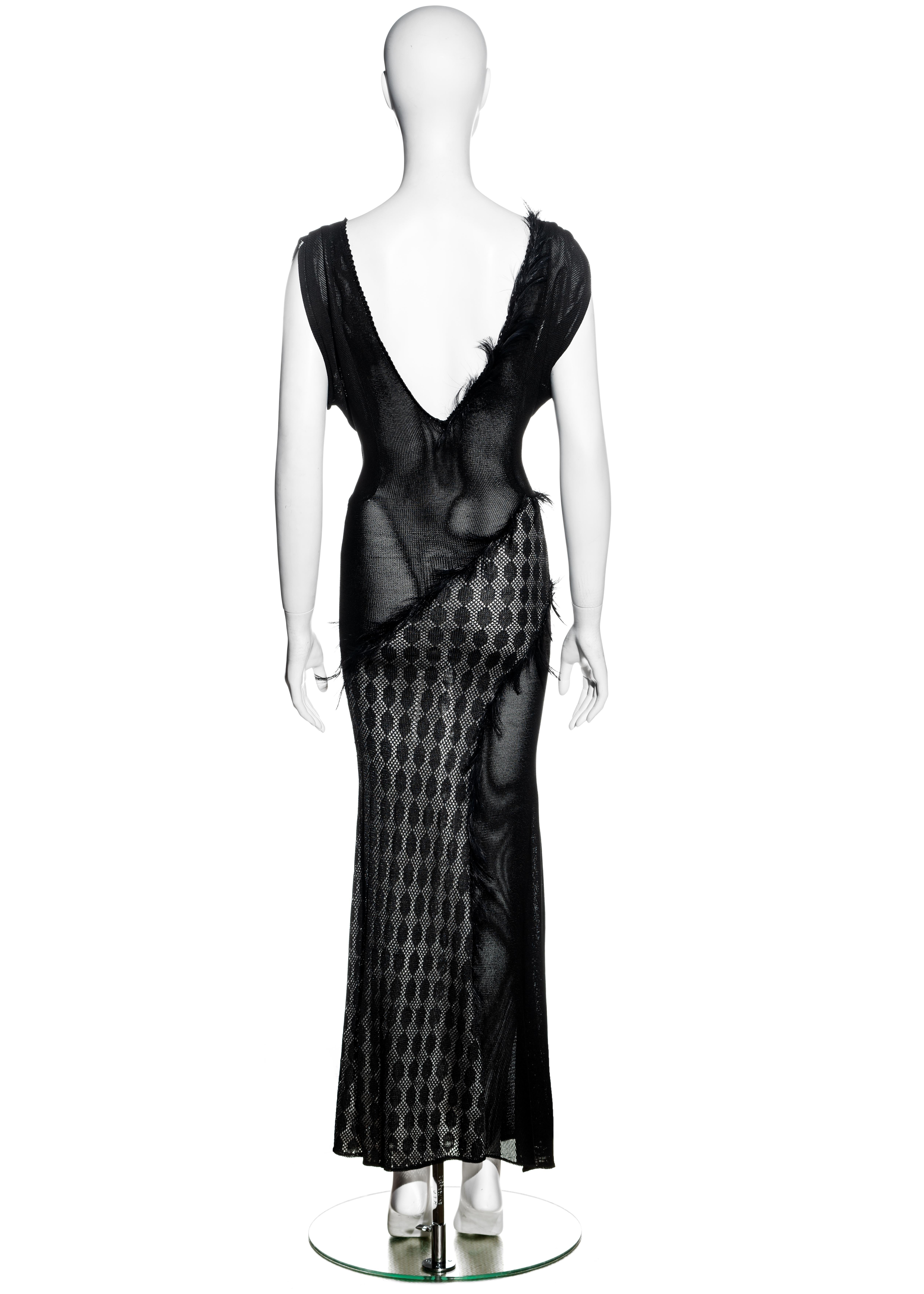 Women's Julien Macdonald black acetate bias cut evening dress with feather trim, fw 1998 For Sale