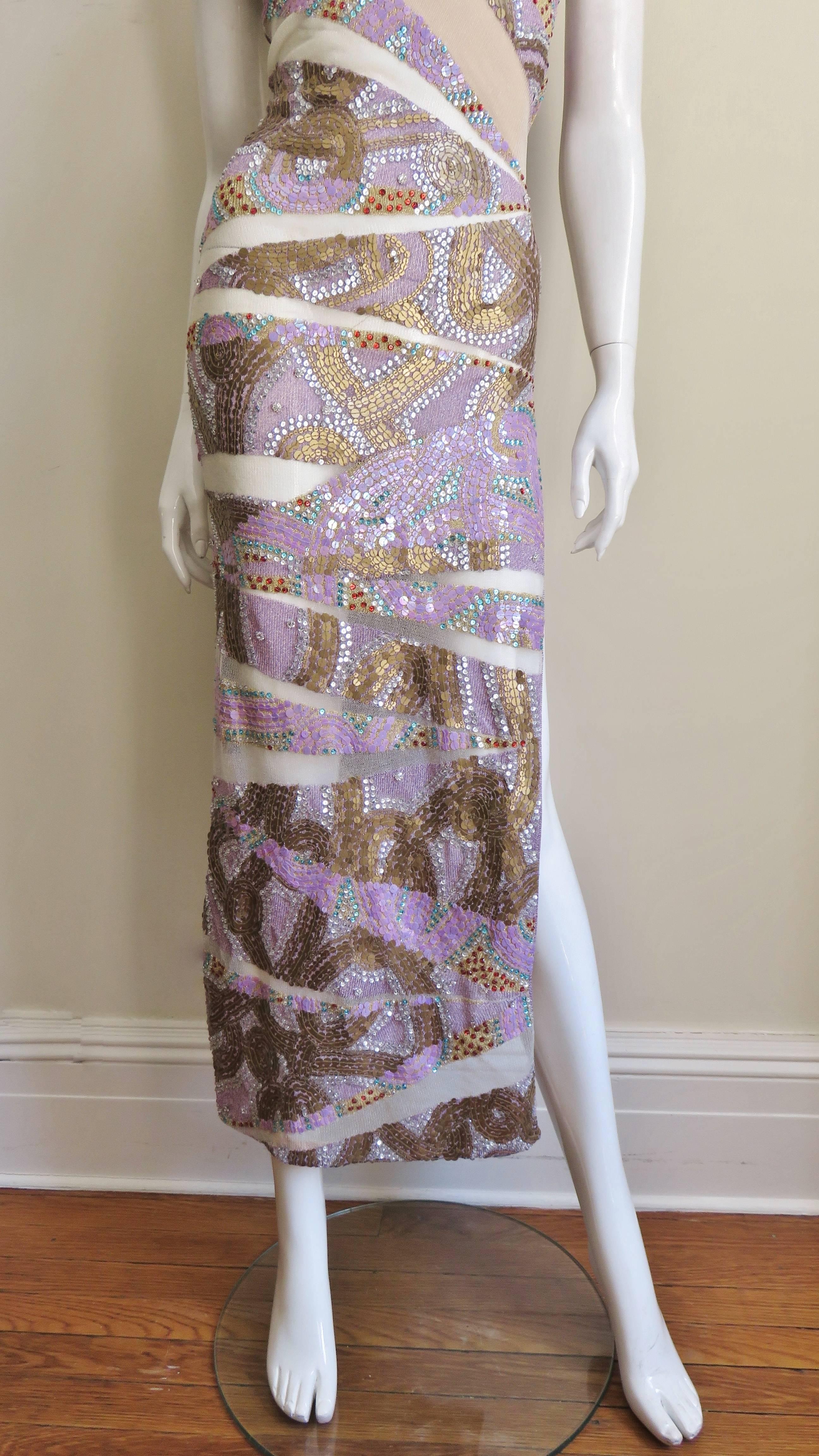 Gray Julien Macdonald Beaded Gown with Mesh Panels For Sale
