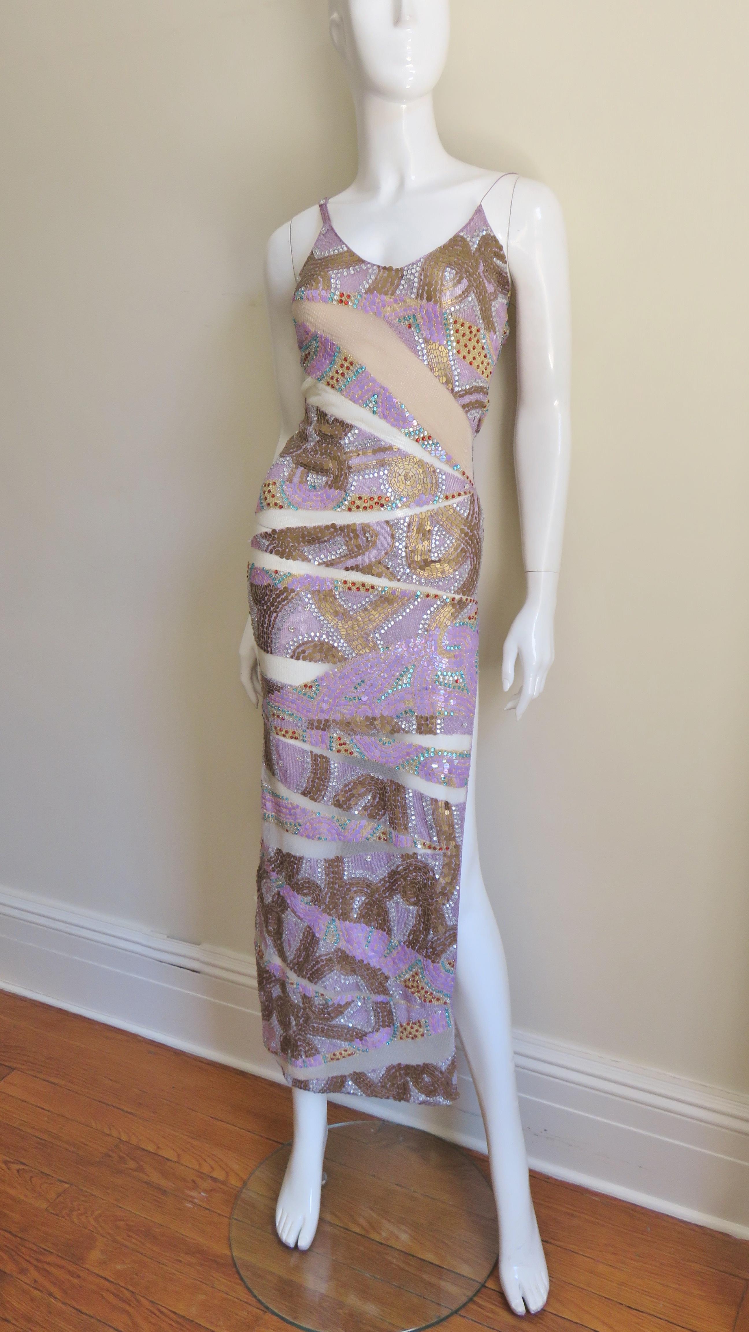 Julien Macdonald Beaded Gown with Mesh Panels In Good Condition For Sale In Water Mill, NY