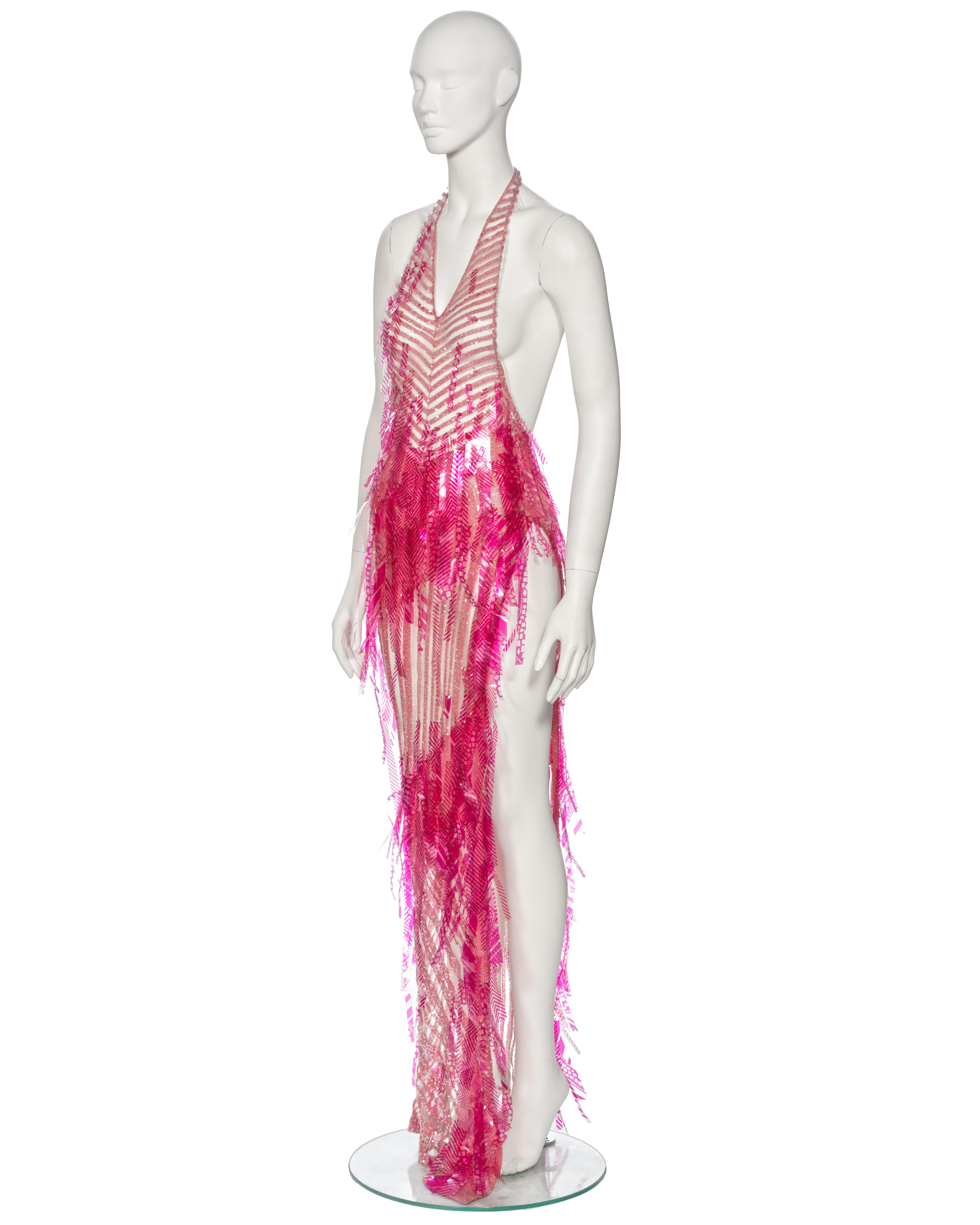 Women's Julien MacDonald Pink Striped Knit Embellished Evening Dress, ss 2002 For Sale