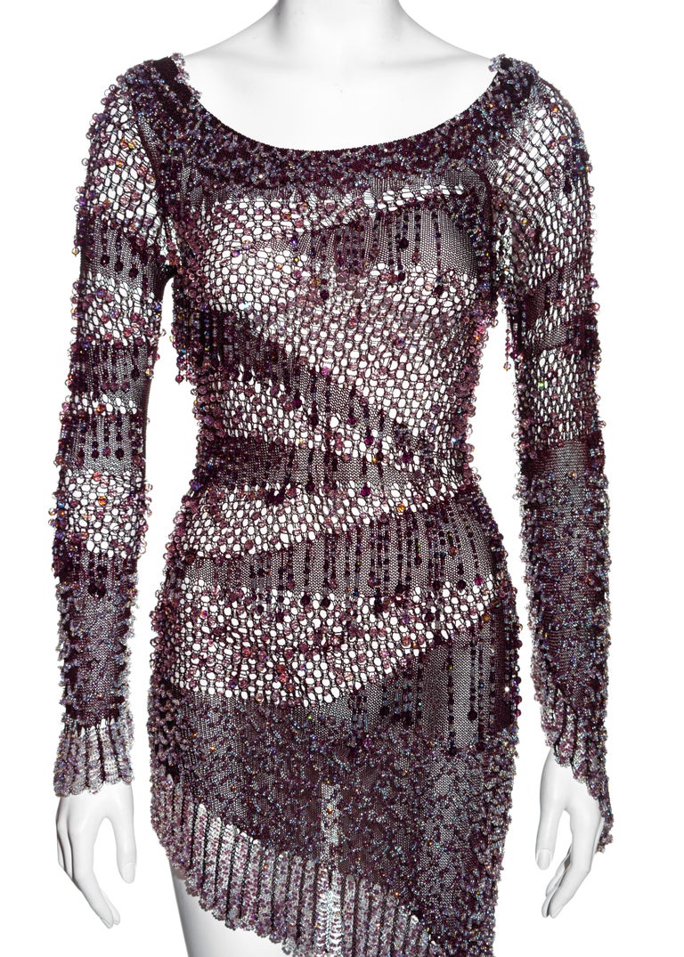 Julien Macdonald purple crochet knit beaded mini dress, fw 2004