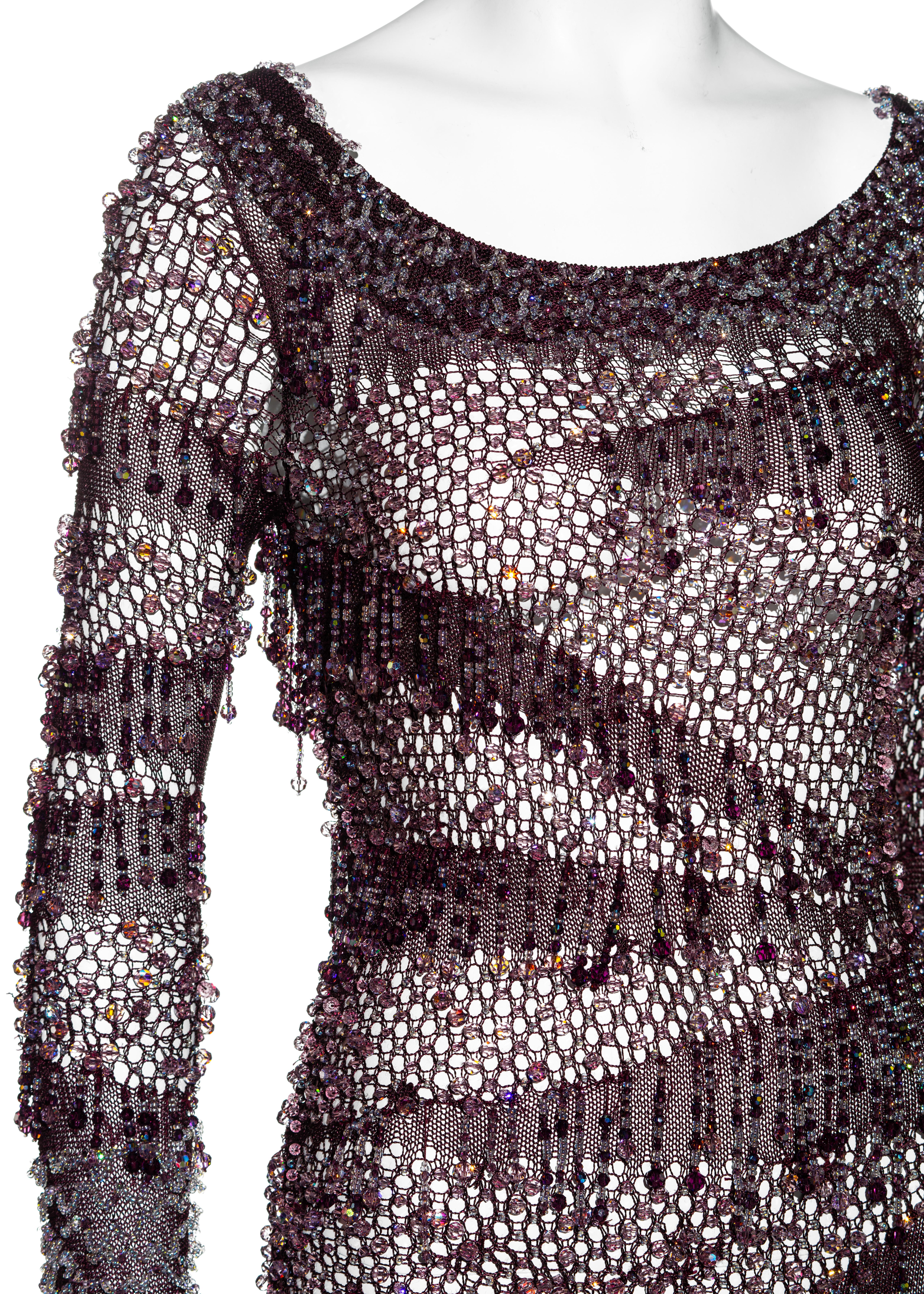 Black Julien Macdonald purple crochet knit beaded mini dress, fw 2004 For Sale