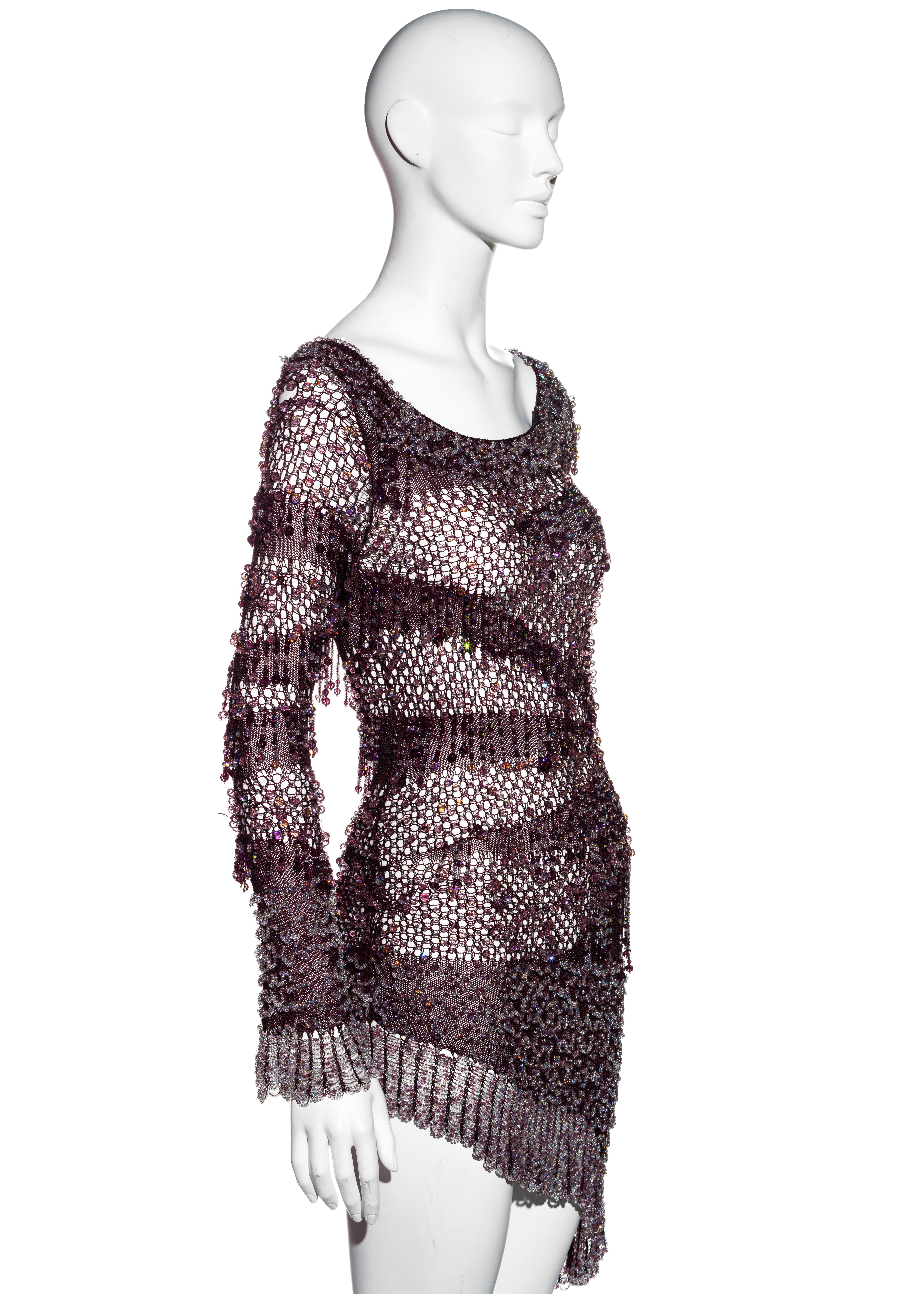Julien Macdonald purple crochet knit beaded mini dress, fw 2004 In Excellent Condition For Sale In London, GB
