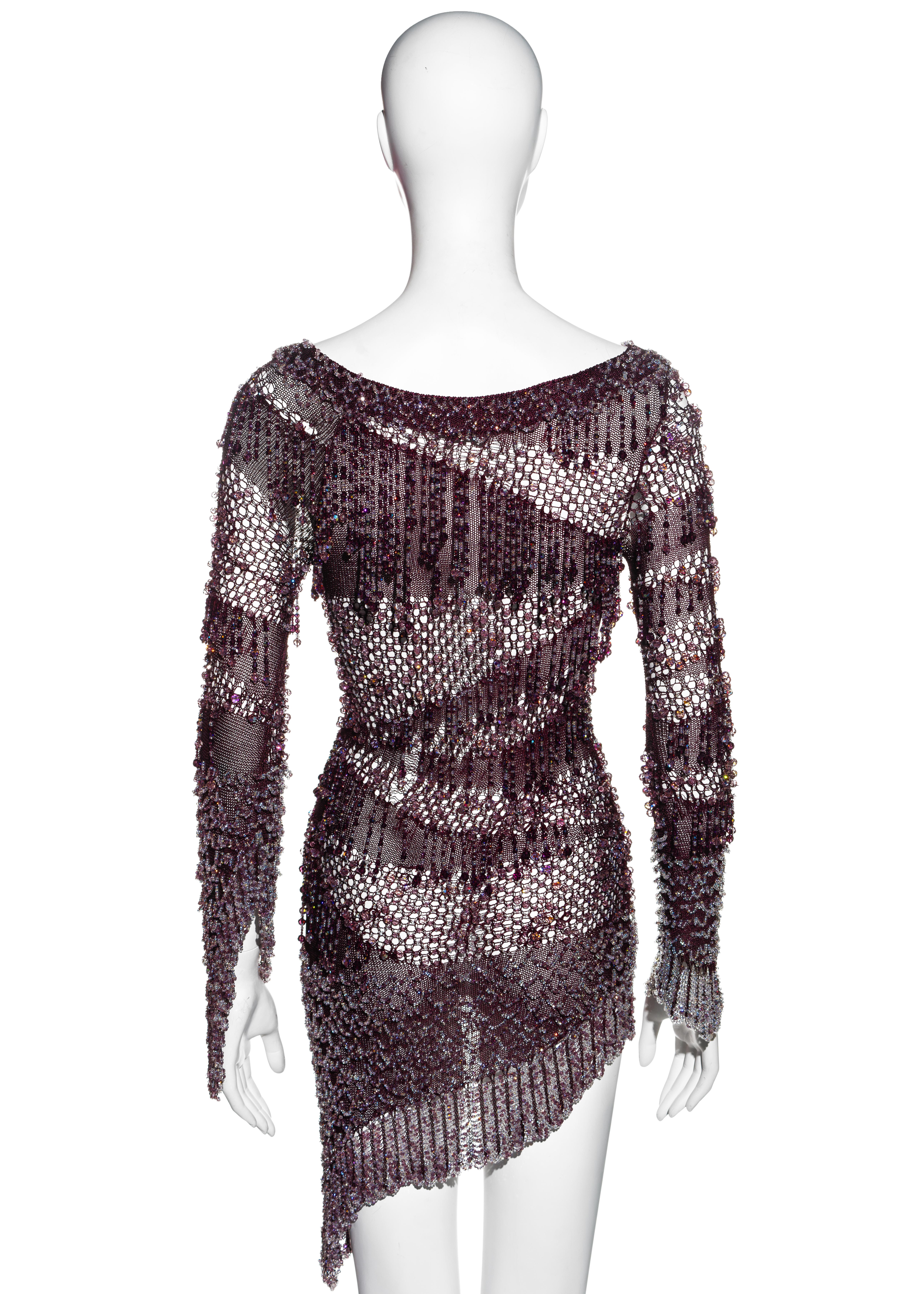 Women's Julien Macdonald purple crochet knit beaded mini dress, fw 2004 For Sale