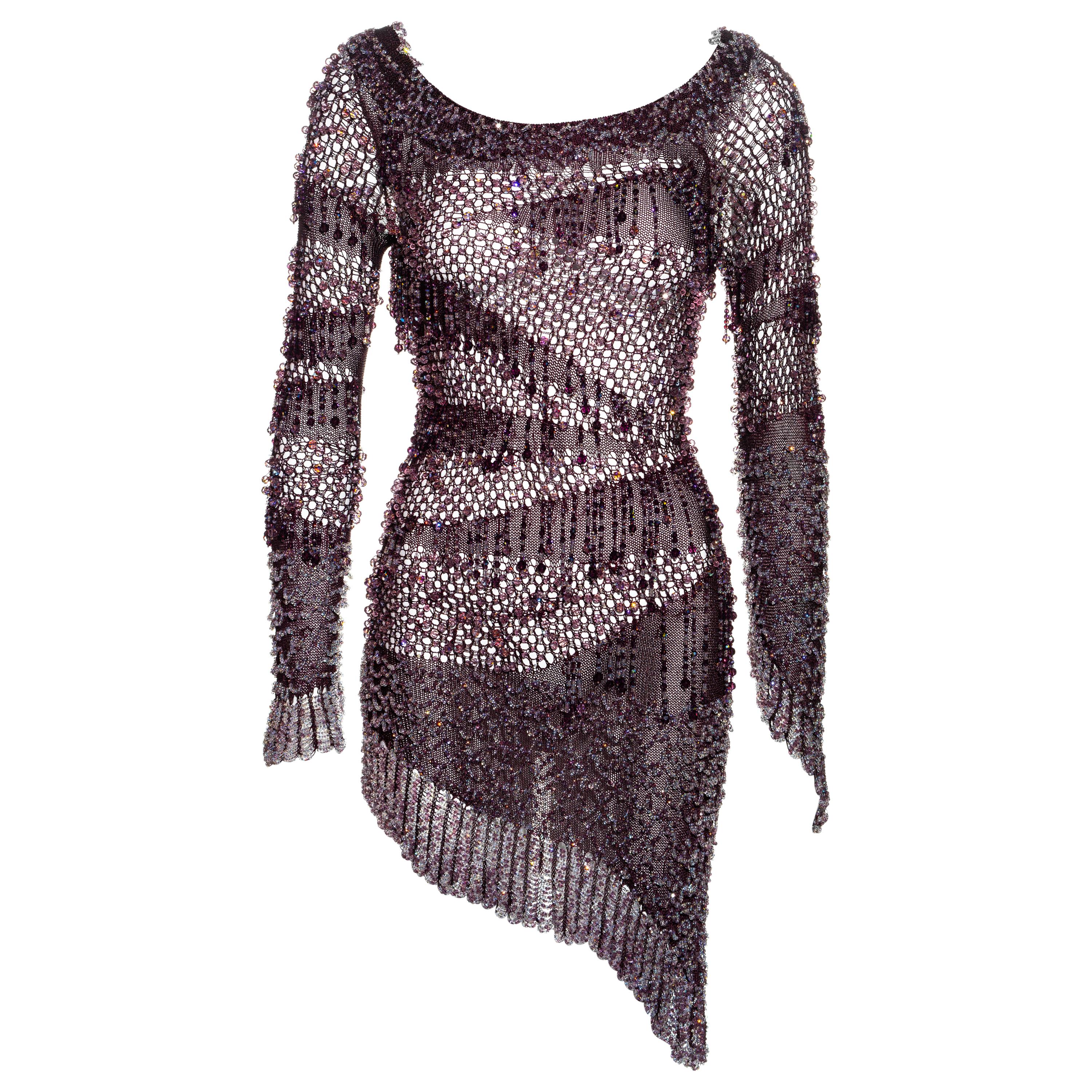 Julien Macdonald purple crochet knit beaded mini dress, fw 2004