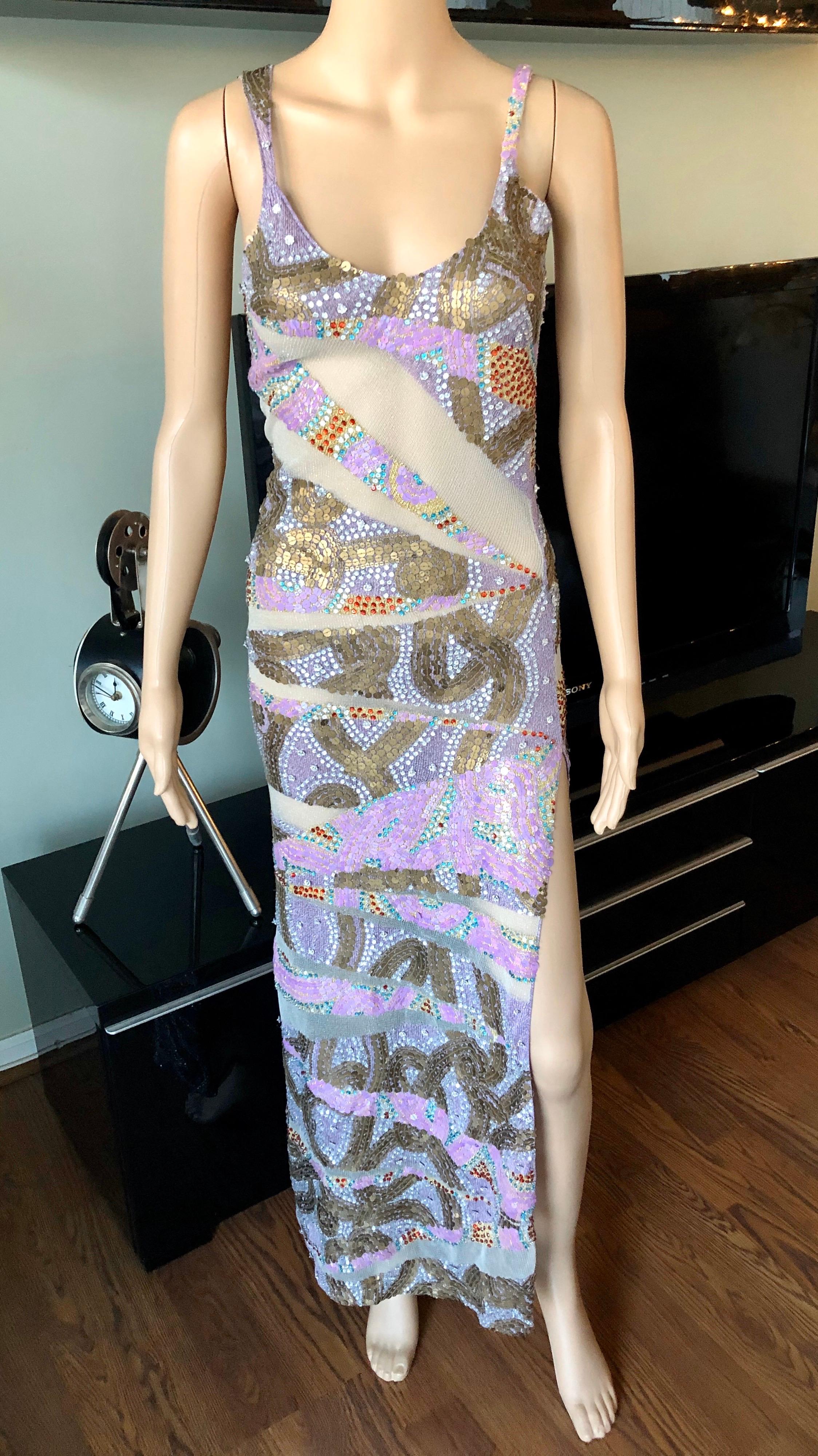 Julien MacDonald S/S 2001 Embellished Sheer Mesh Panels Knit Maxi Dress In Good Condition In Naples, FL