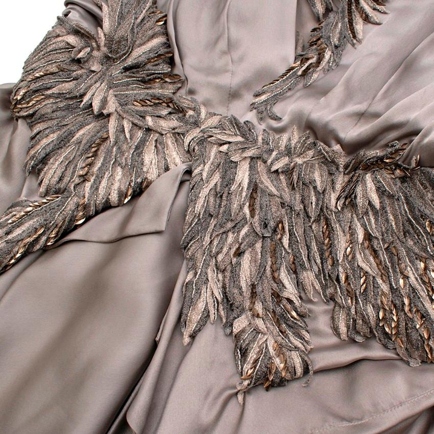 Women's or Men's Julien Macdonald Silk Silver Feather Applique Gown - Size US 4 For Sale