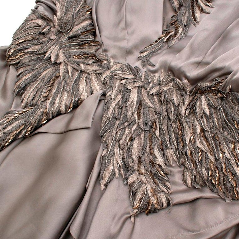 Julien Macdonald Silk Silver Feather Applique Gown - Size US 4 at 1stDibs