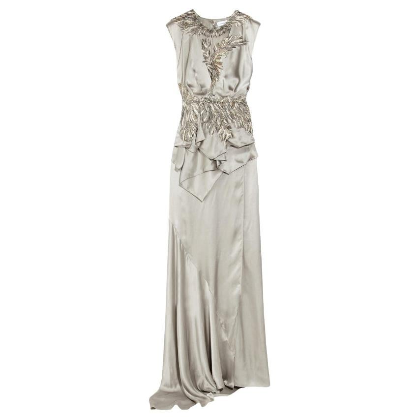 Julien Macdonald Silk Silver Feather Applique Gown - Size US 4 For Sale
